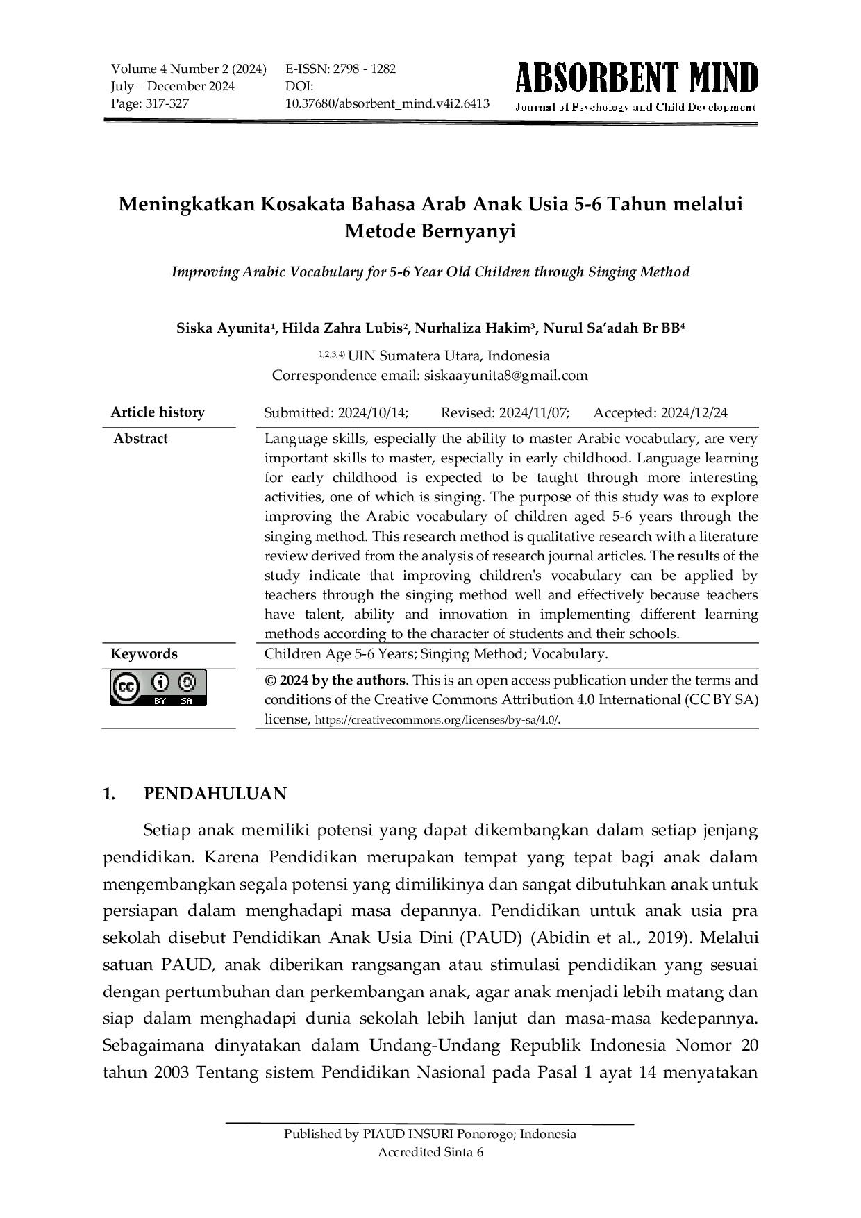 JURIS Meningkatkan Kosakata Bahasa Arab Anak Usia 5 6 Tahun Melalui Metode Bernyanyi