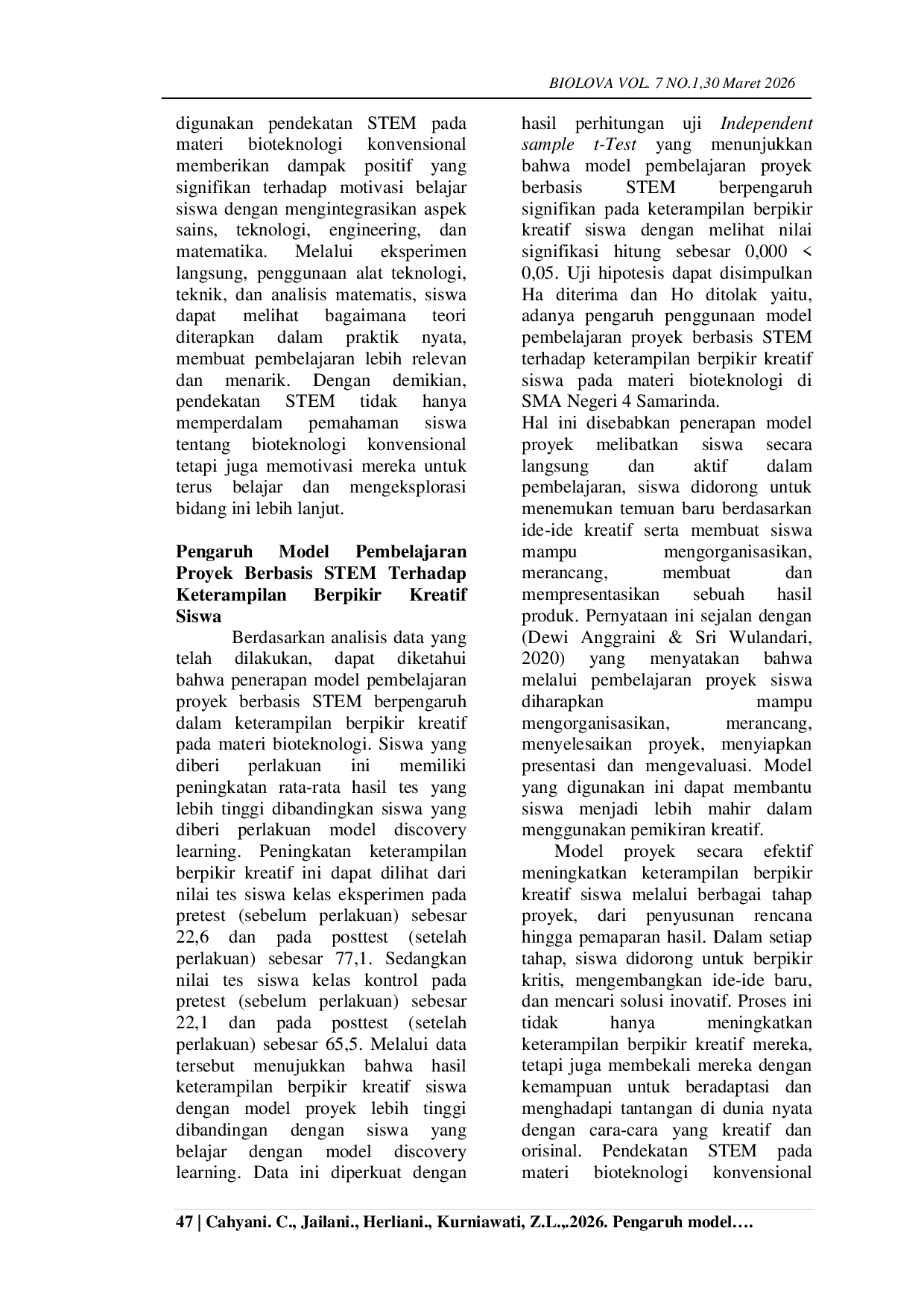 JURIS Pengaruh Model Pembelajaran Proyek Berbasis Stem Terhadap Motivasi Belajar Dan Keterampilan Berpikir Kreatif Siswa Di Sma Negeri 4 Samarinda