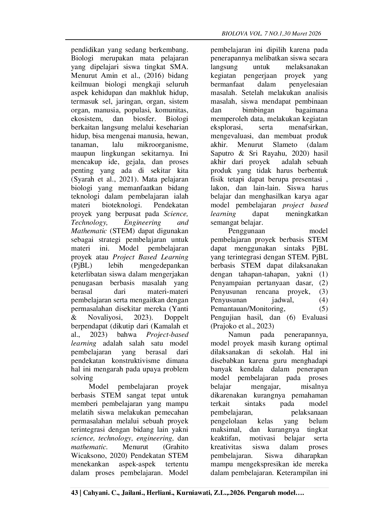 JURIS Pengaruh Model Pembelajaran Proyek Berbasis Stem Terhadap Motivasi Belajar Dan Keterampilan Berpikir Kreatif Siswa Di Sma Negeri 4 Samarinda