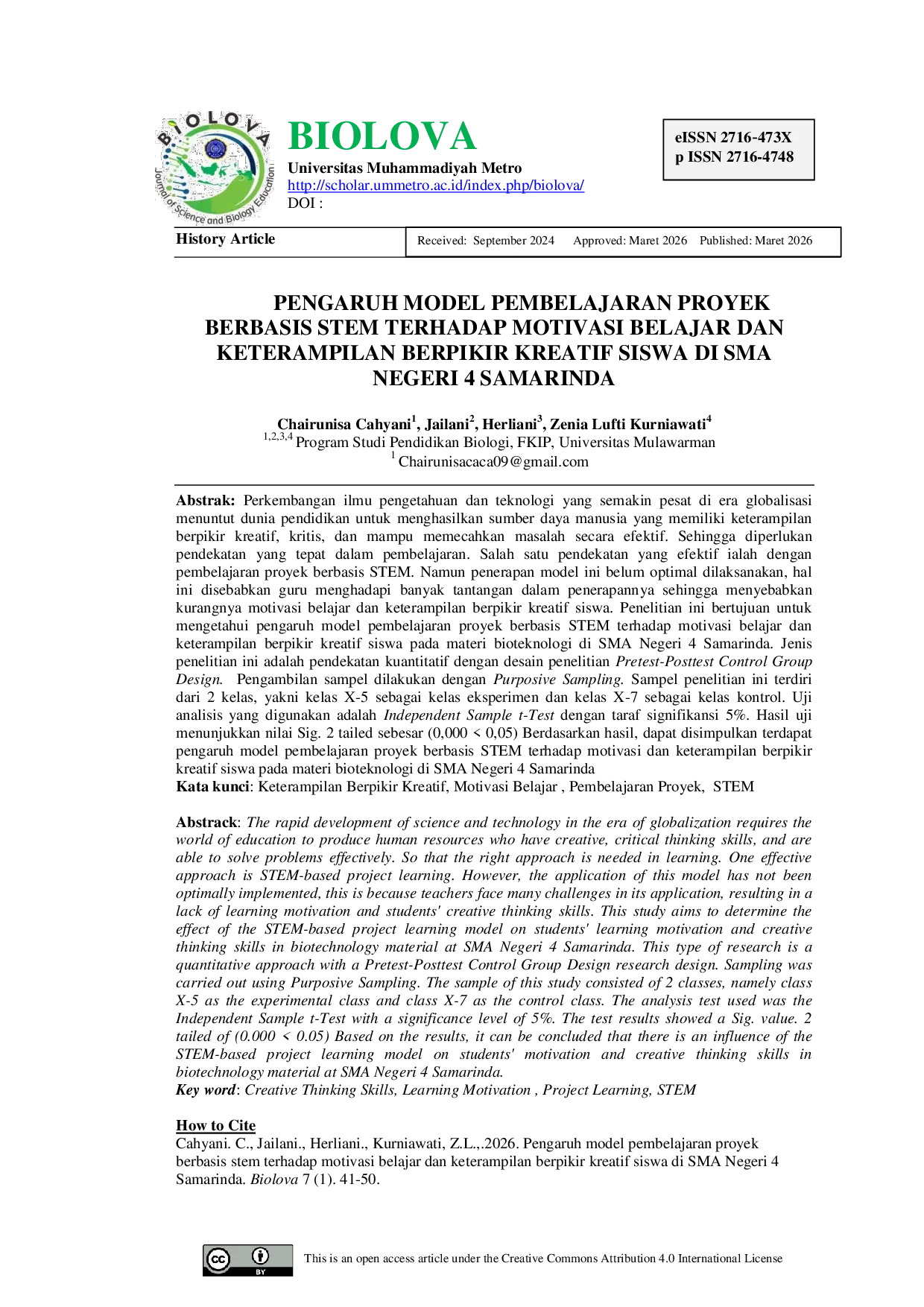 JURIS Pengaruh Model Pembelajaran Proyek Berbasis Stem Terhadap Motivasi Belajar Dan Keterampilan Berpikir Kreatif Siswa Di Sma Negeri 4 Samarinda