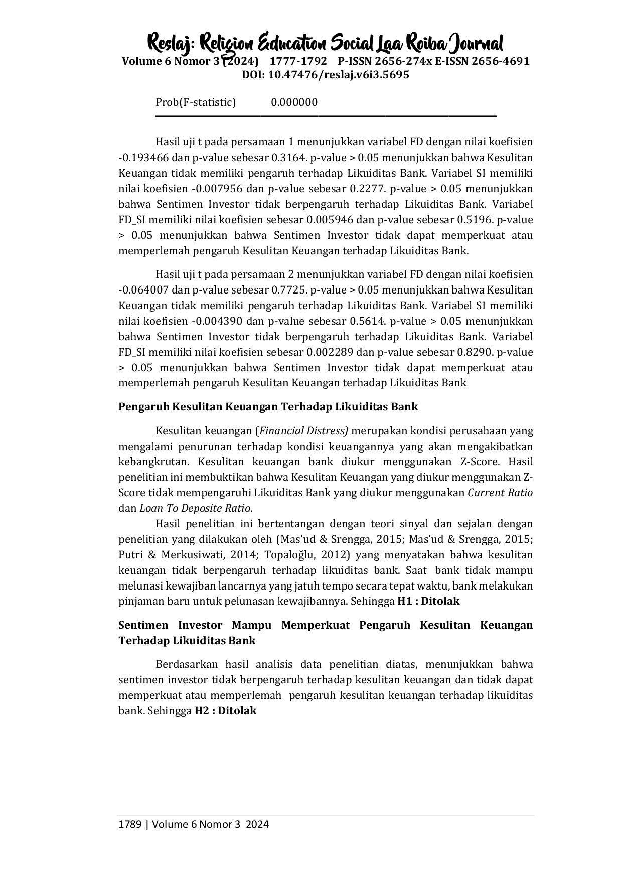 JURIS Pengaruh Kesulitan Keuangan terhadap Likuiditas Bank yang Dimoderasi oleh Sentimen Investor