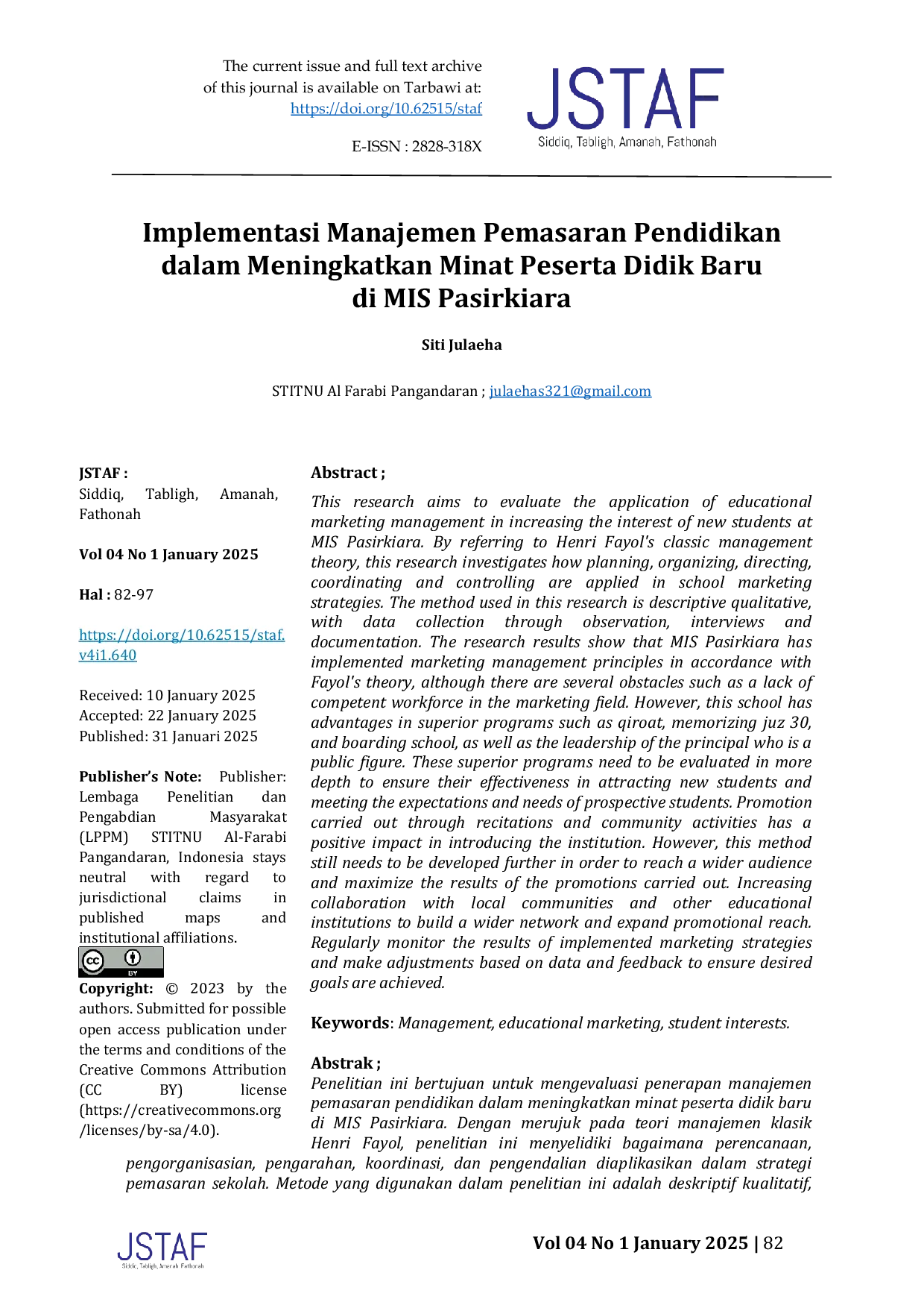 JURIS Implementasi Manajemen Pemasaran Pendidikan dalam Meningkatkan Minat Peserta Didik Baru di MIS Pasirkiara
