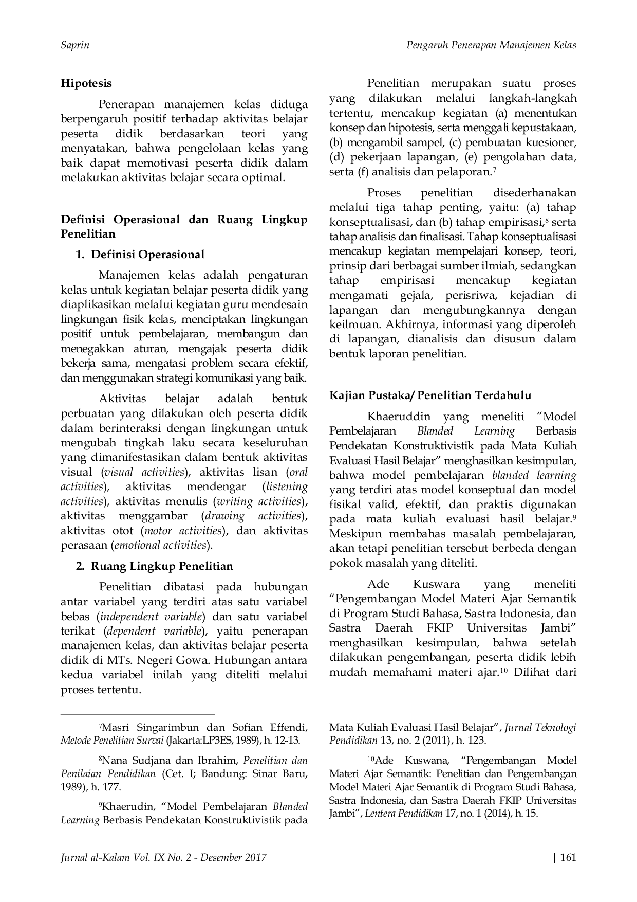 JURIS Pengaruh Penerapan Manajemen Kelas Terhadap Peningkatan Aktivitas Belajar Peserta Didik Di MTS Negeri Gowa