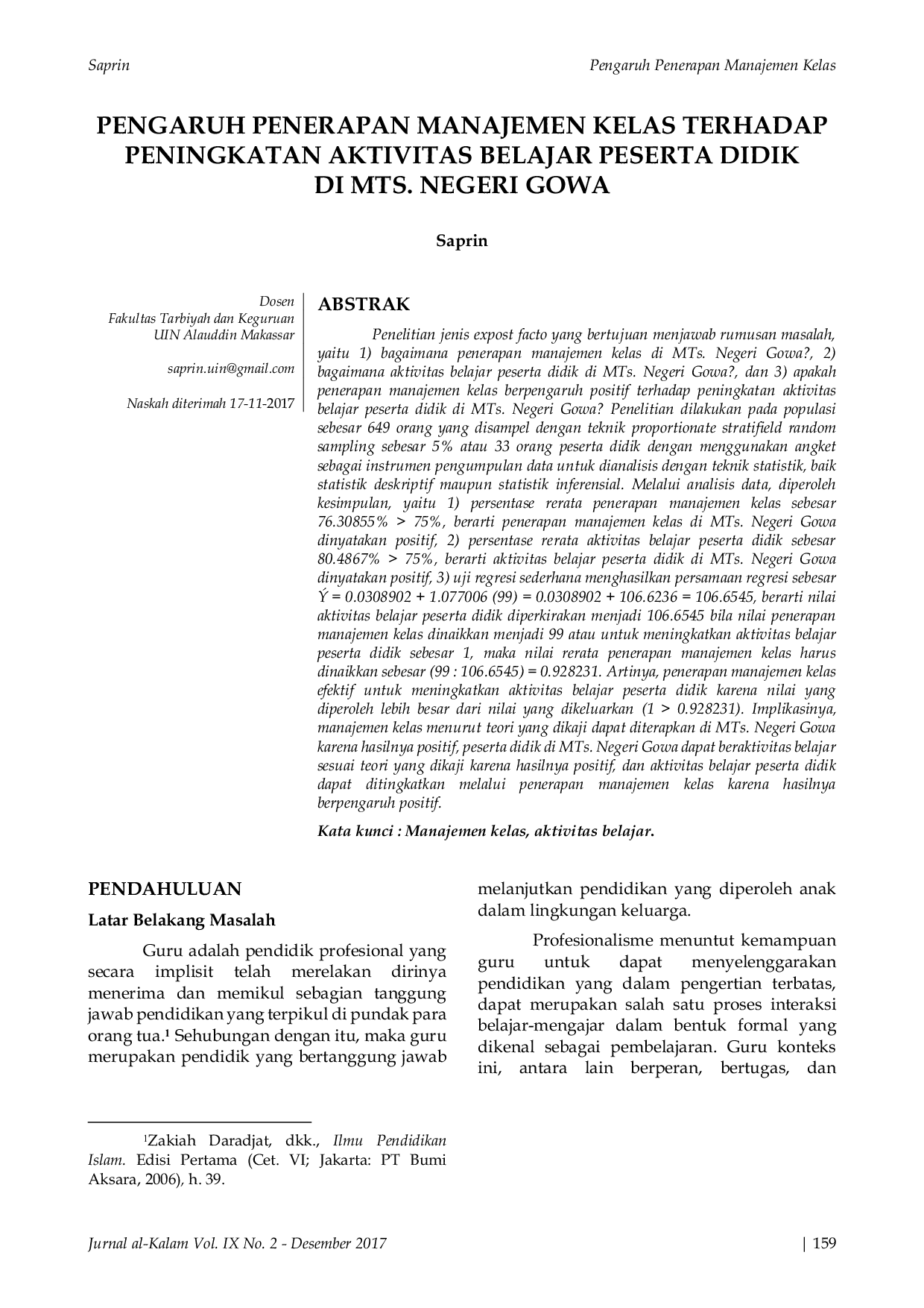JURIS Pengaruh Penerapan Manajemen Kelas Terhadap Peningkatan Aktivitas Belajar Peserta Didik Di MTS Negeri Gowa