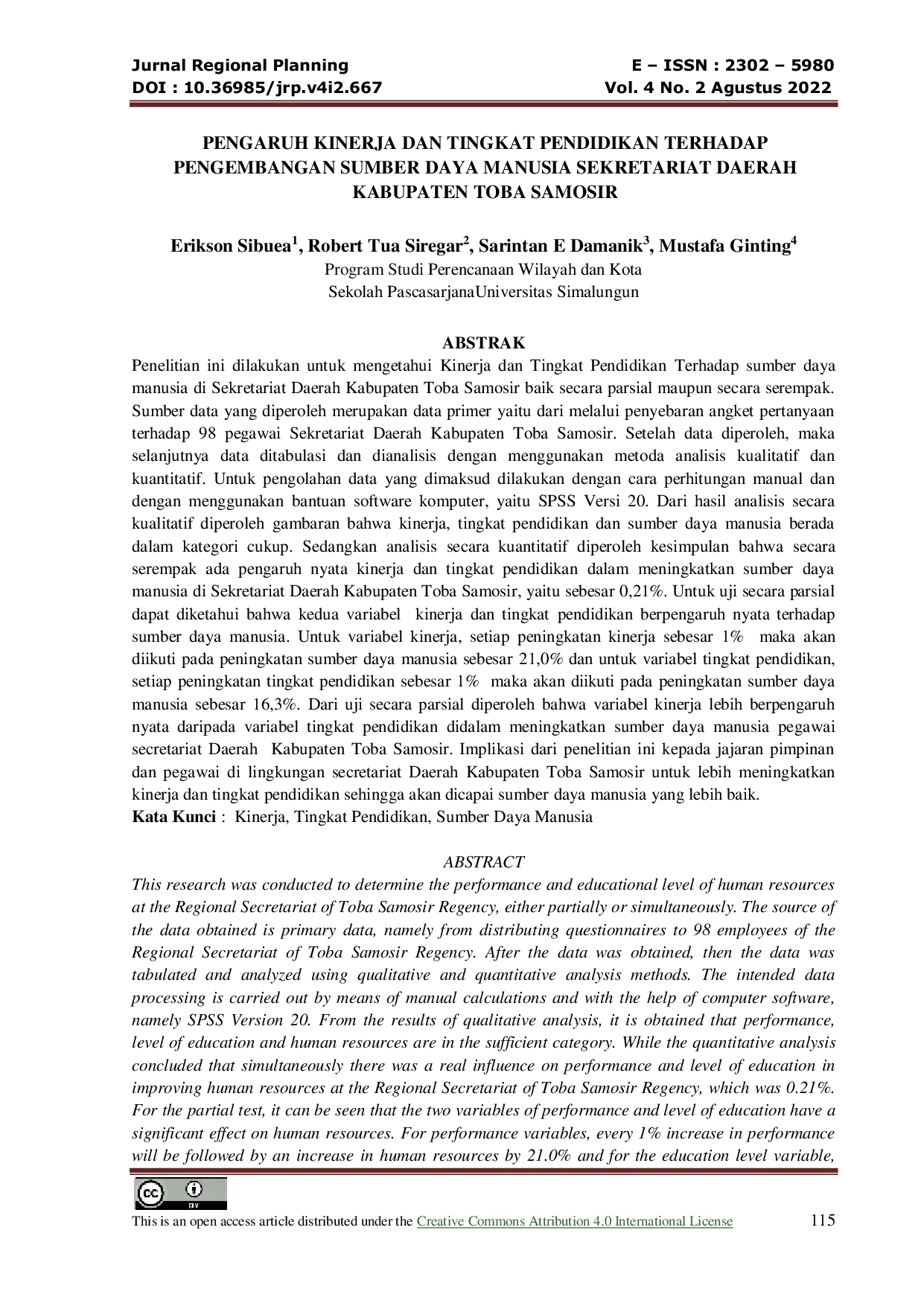 JURIS Pengaruh Kinerja Dan Tingkat Penddidikan Terhadap Pengembangan Sumber Daya Manusia Sekretariat Daerah Kabupaten Toba Samosir