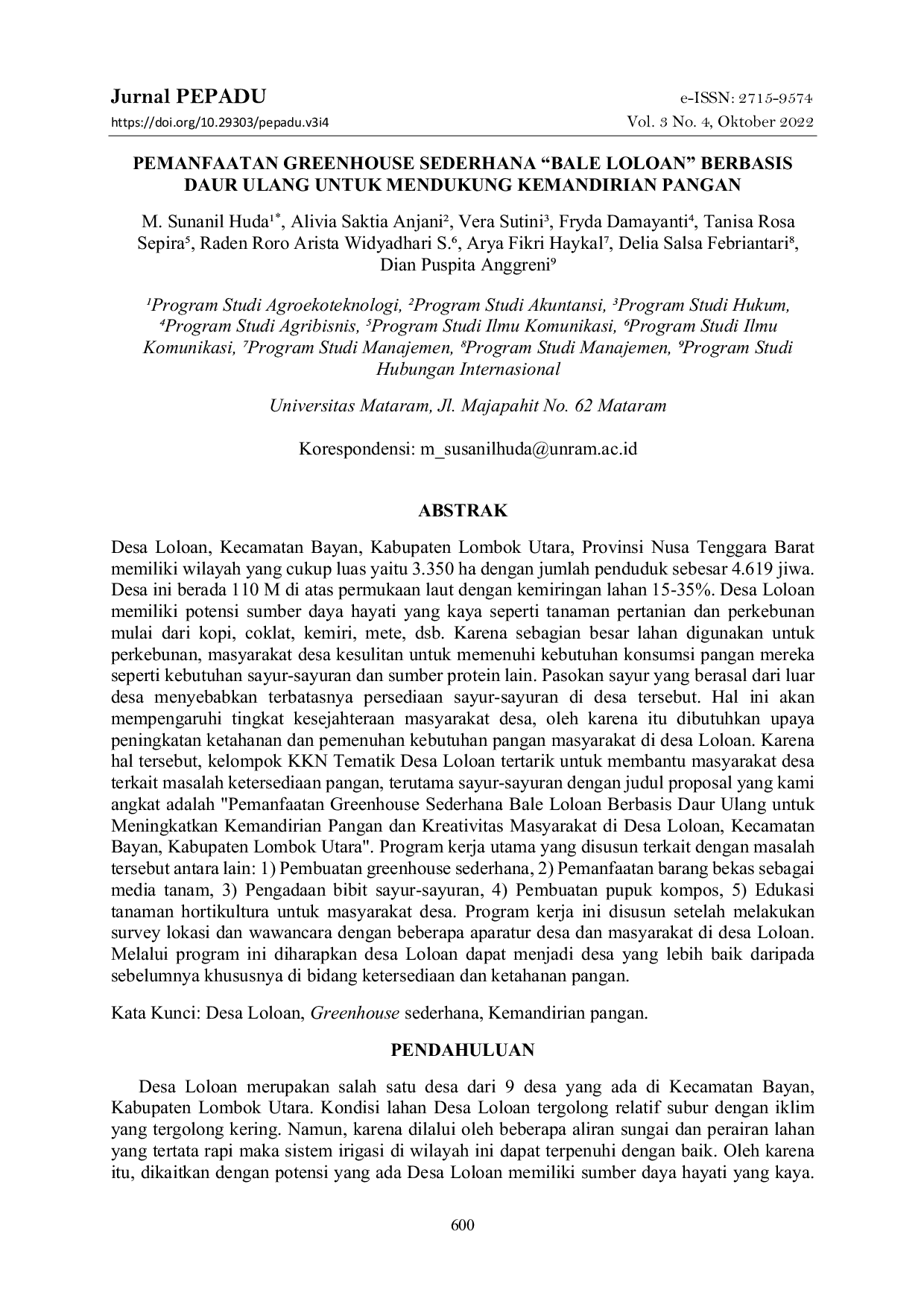 JURIS Pemanfaatan Greenhouse Sederhana Bale Loloan Berbasis Daur Ulang Untuk Mendukung Kemandirian Pangan