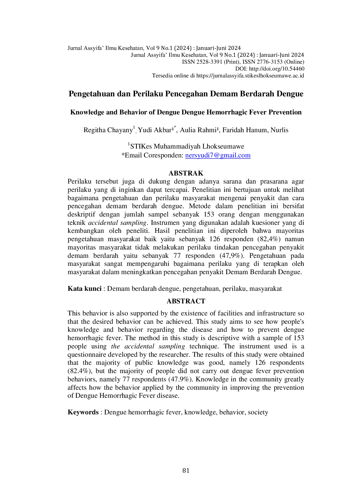 JURIS Pengetahuan dan Perilaku Pencegahan Demam Berdarah Dengue DBD di Blang Kolak II Takengon