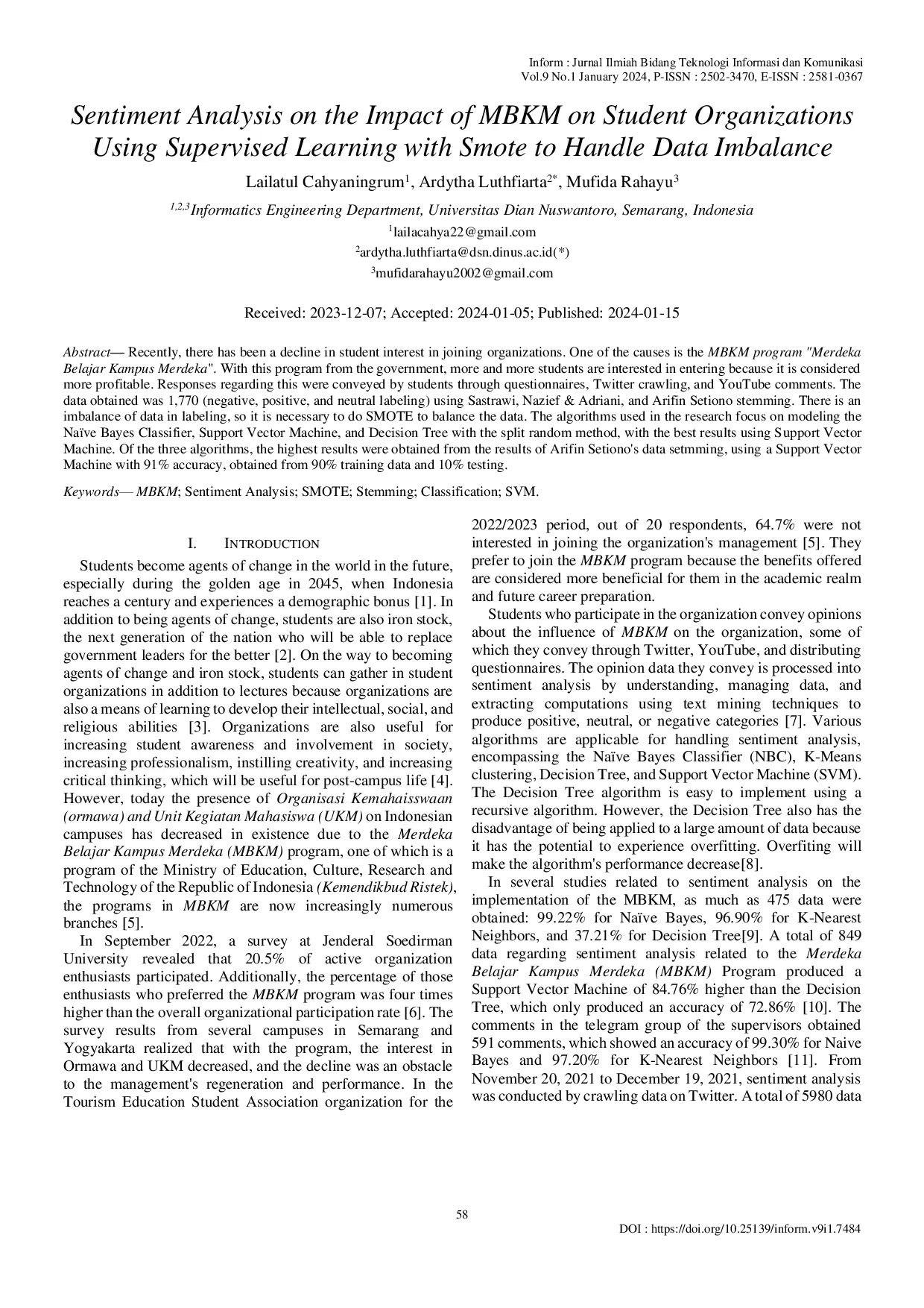 JURIS Sentiment Analysis on the Impact of MBKM on Student Organizations Using Supervised Learning with Smote to Handle Data Imbalance