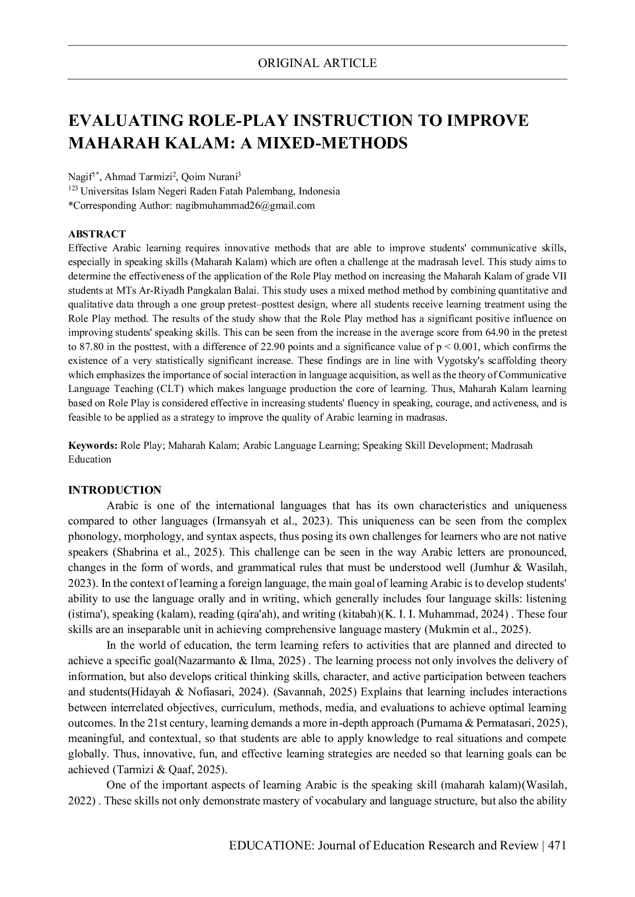 JURIS Evaluating Role Play Instruction to Improve Maharah Kalam A Mixed Methods