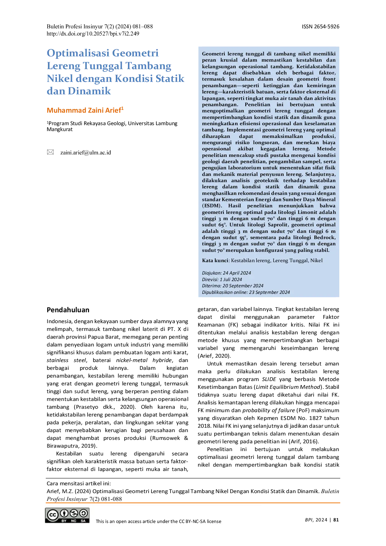 JURIS Optimalisasi Geometri Lereng Tunggal Tambang Nikel dengan Kondisi Statik dan Dinamik