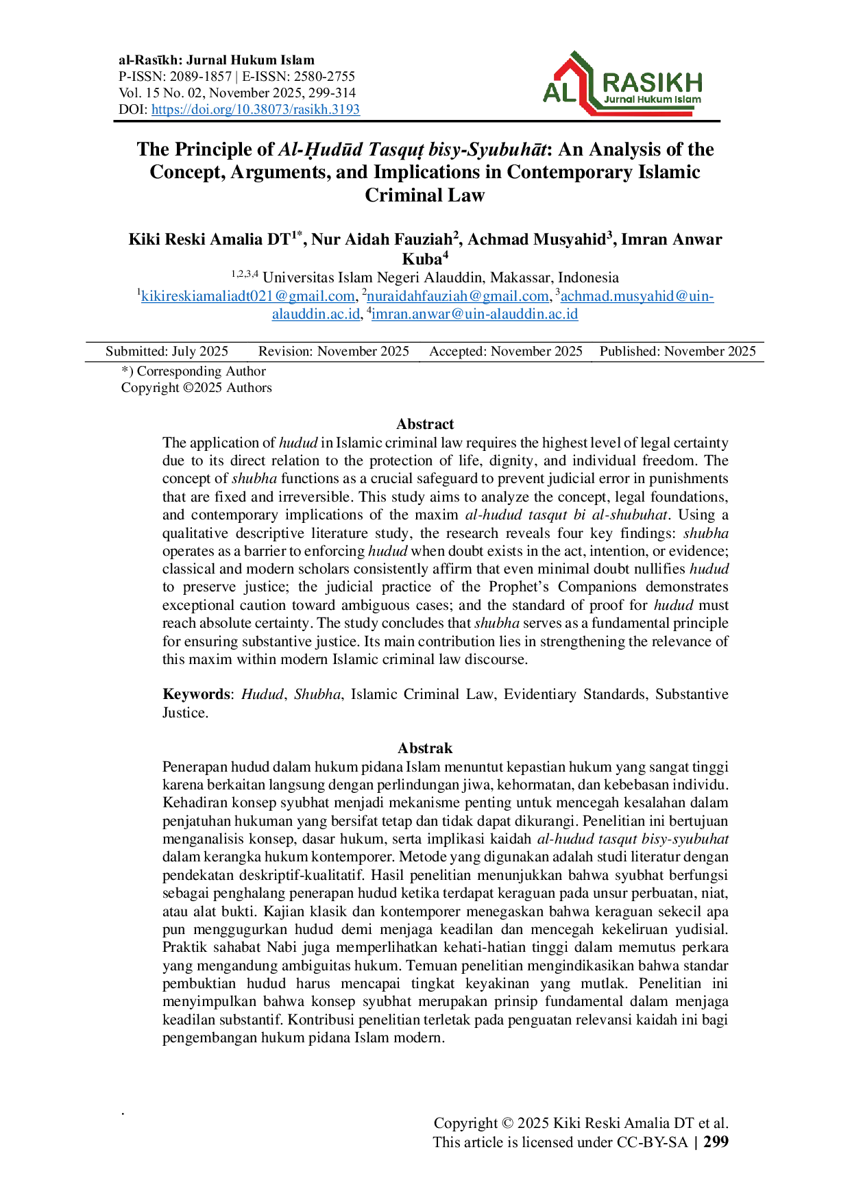 JURIS The Principle of Al udd Tasqu bisy SyubuhAt An Analysis of the Concept Arguments and Implications in Contemporary Islamic Criminal Law