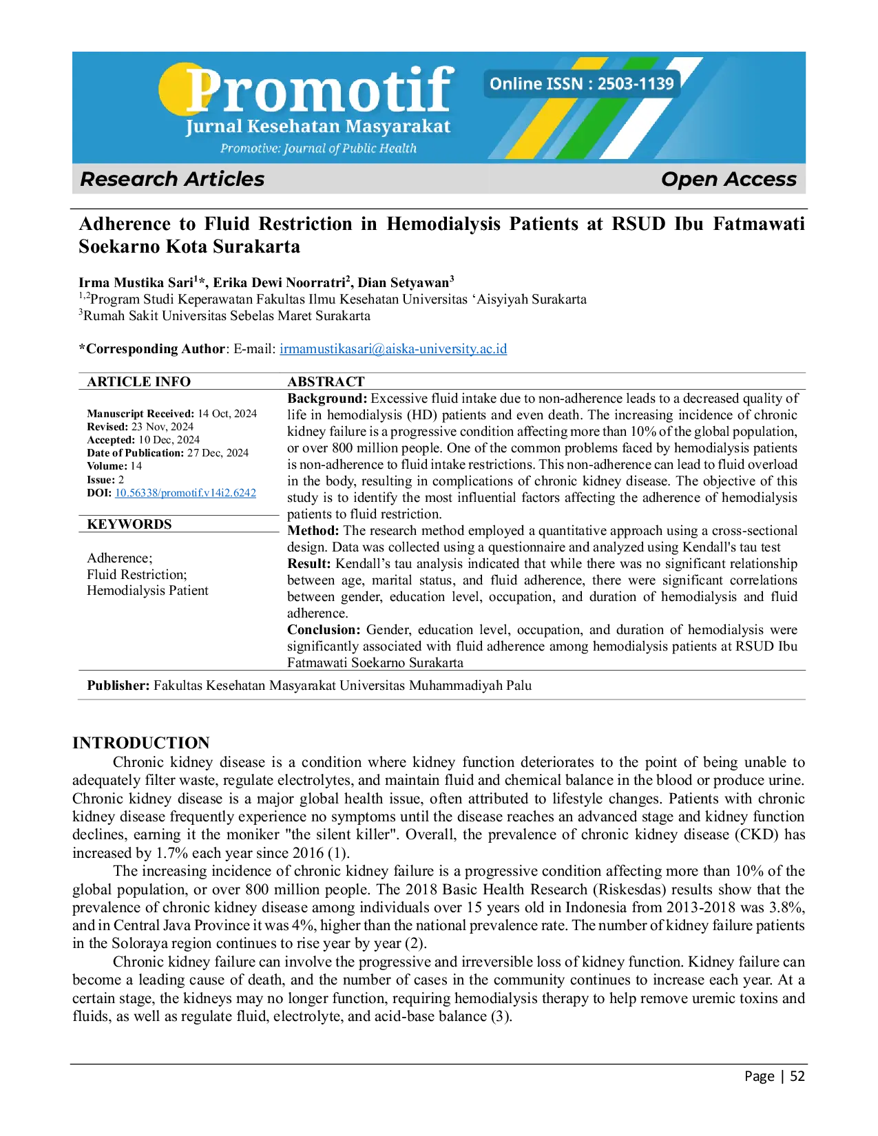 JURIS Adherence to Fluid Restriction in Hemodialysis Patients at RSUD Ibu Fatmawati Soekarno Kota Surakarta