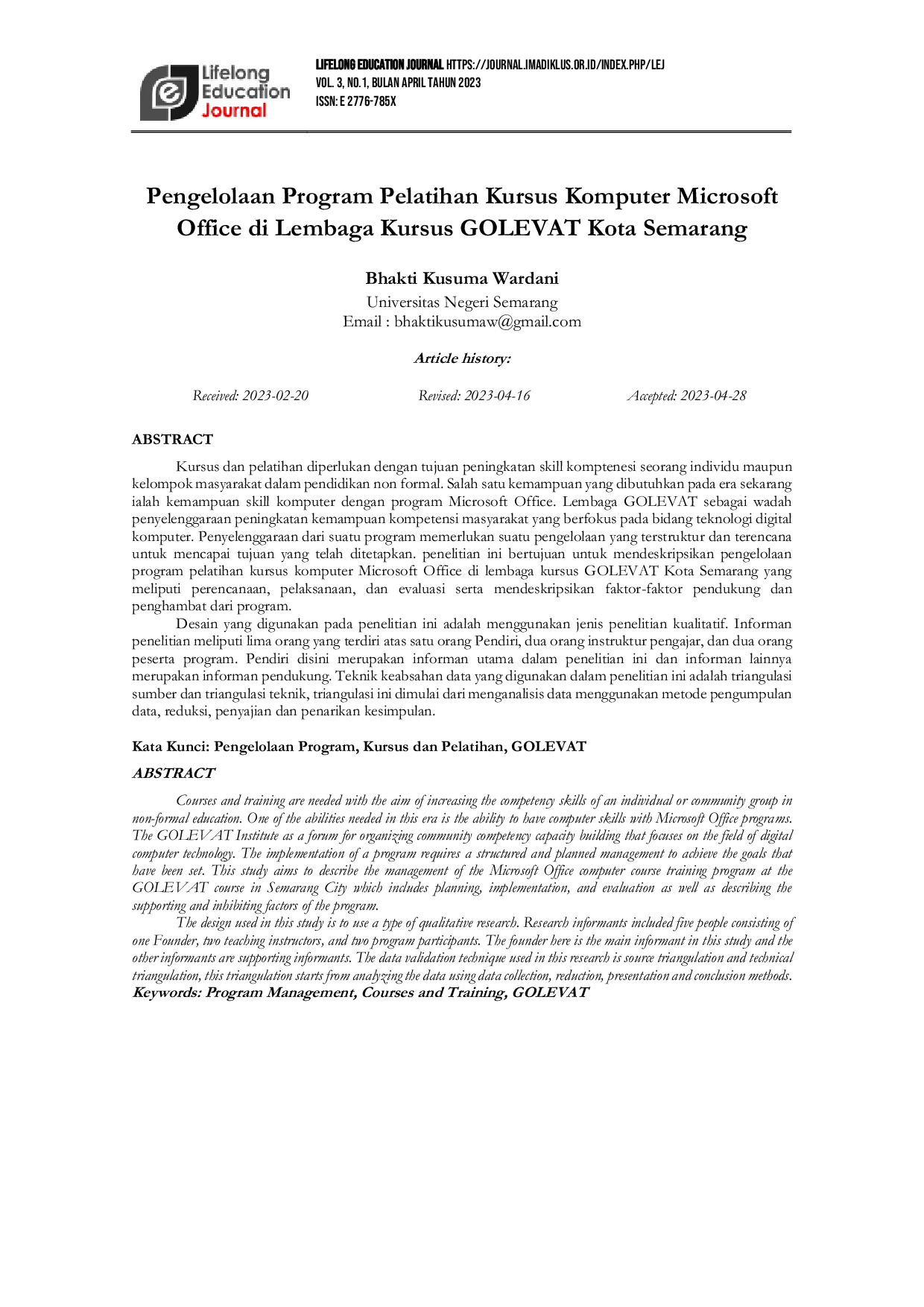 JURIS Management of the Microsoft Office Computer Course Training Program at the GOLEVAT Course Institute in Semarang City