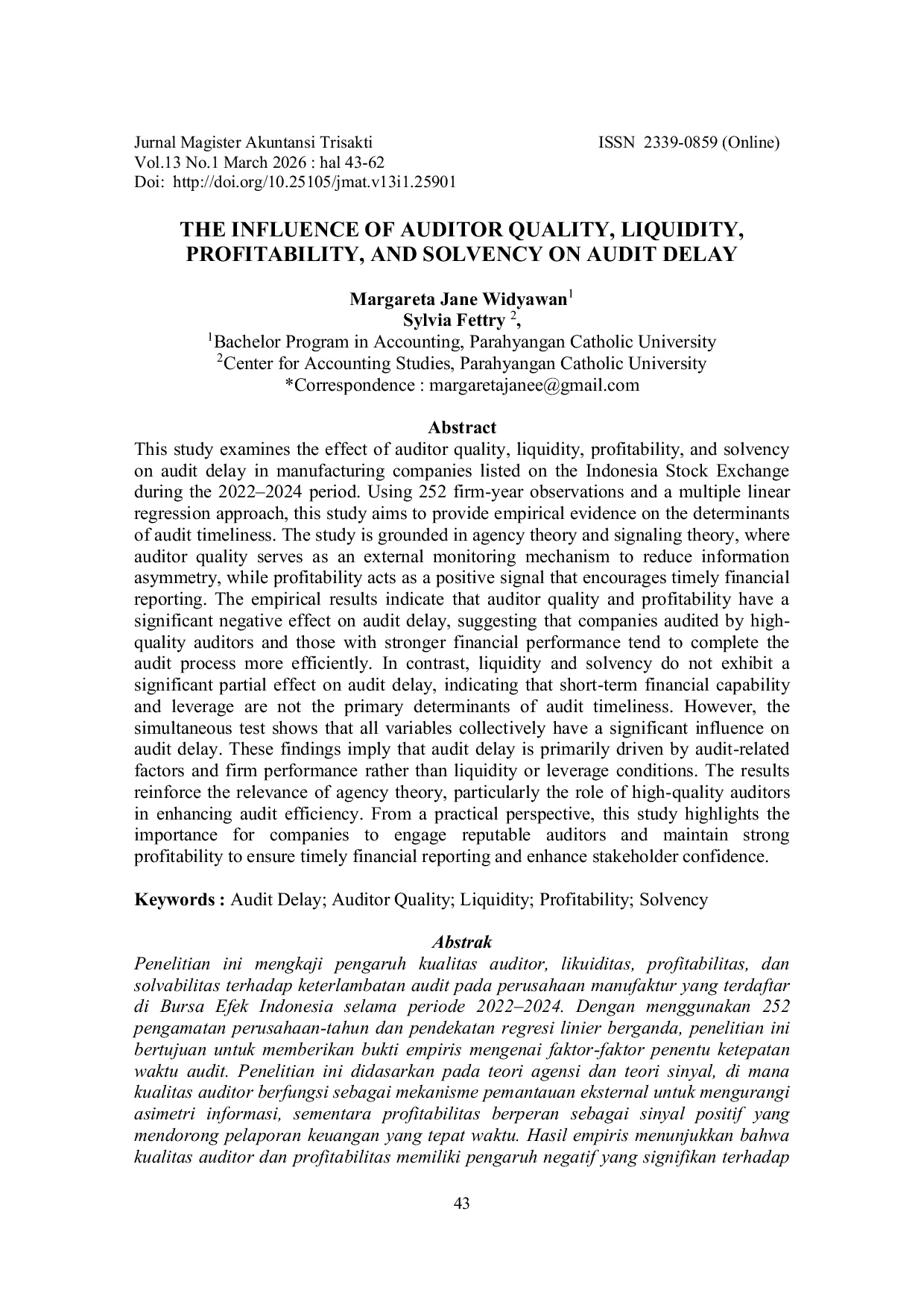 JURIS The Influence Of Auditor Quality Liquidity Profitability And Solvency On Audit Delay