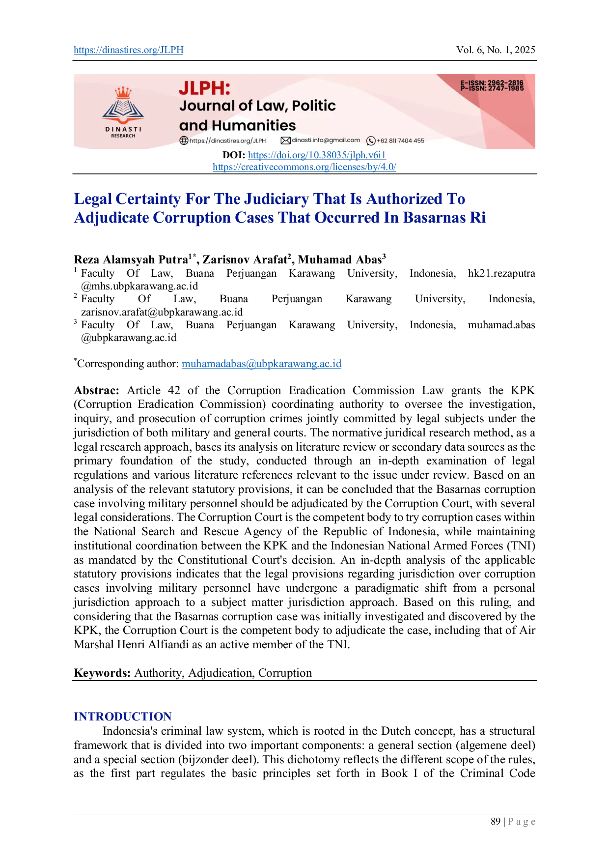 JURIS Legal Certainty For The Judiciary That Is Authorized To Adjudicate Corruption Cases That Occurred In Basarnas RI