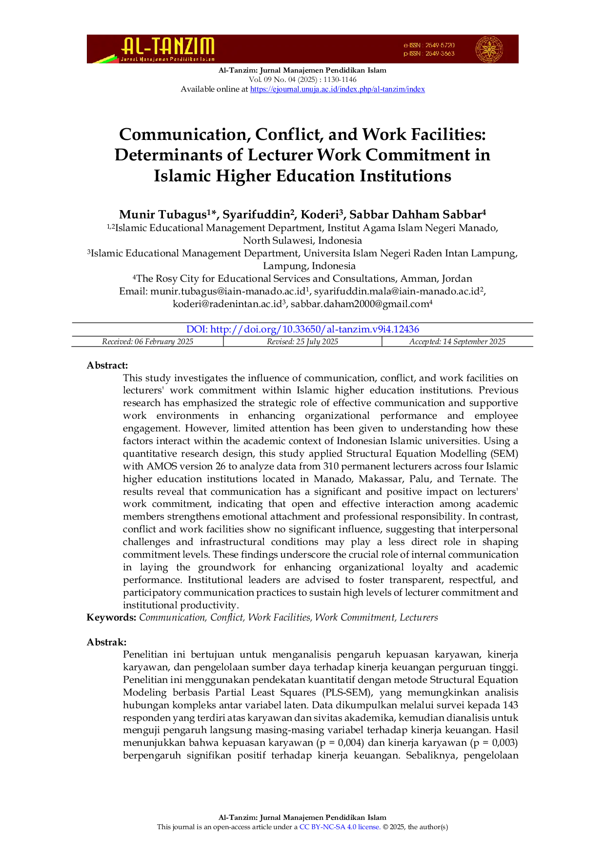 JURIS Communication Conflict and Work Facilities Determinants of Lecturer Work Commitment in Islamic Higher Education Institutions