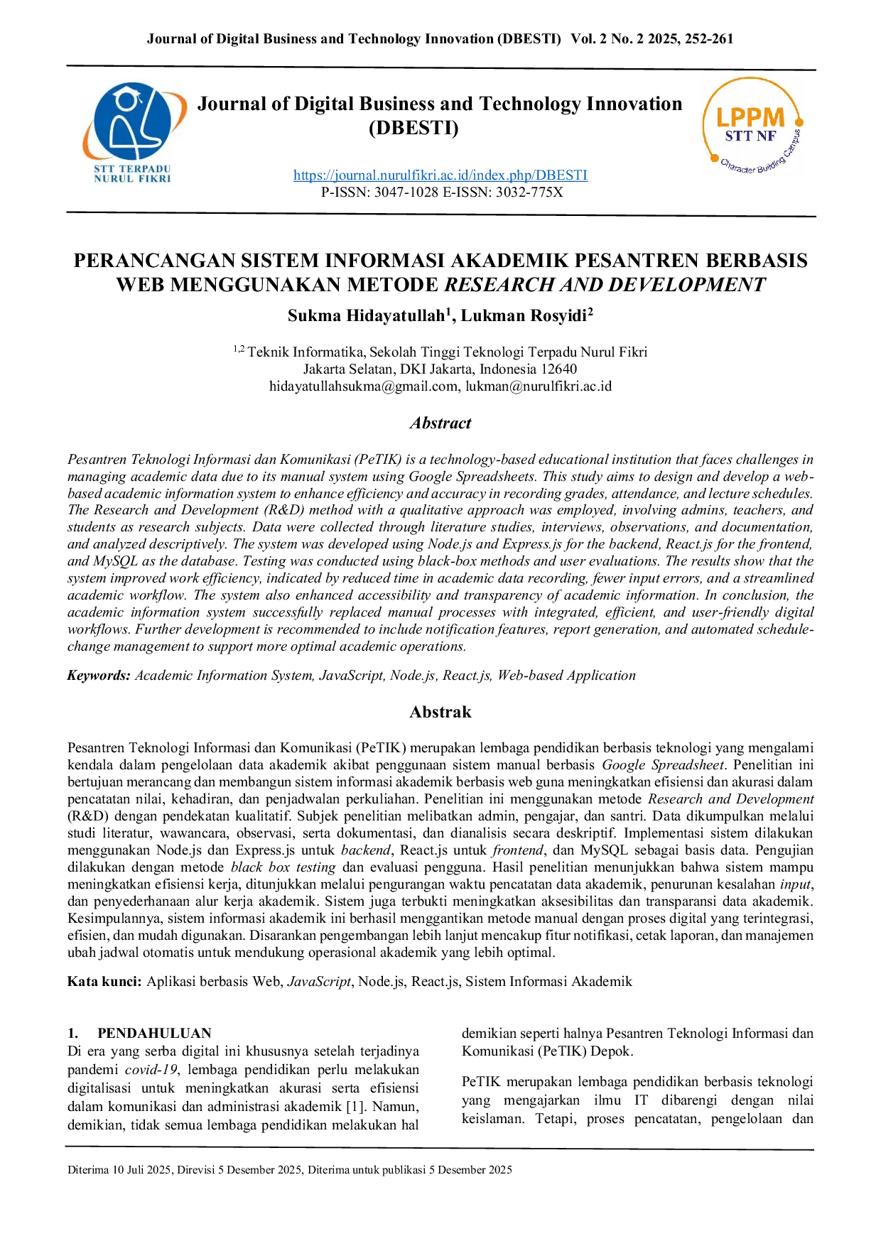 JURIS Design of a Web Based Islamic Boarding School Academic Information System Using the Research and Development Method