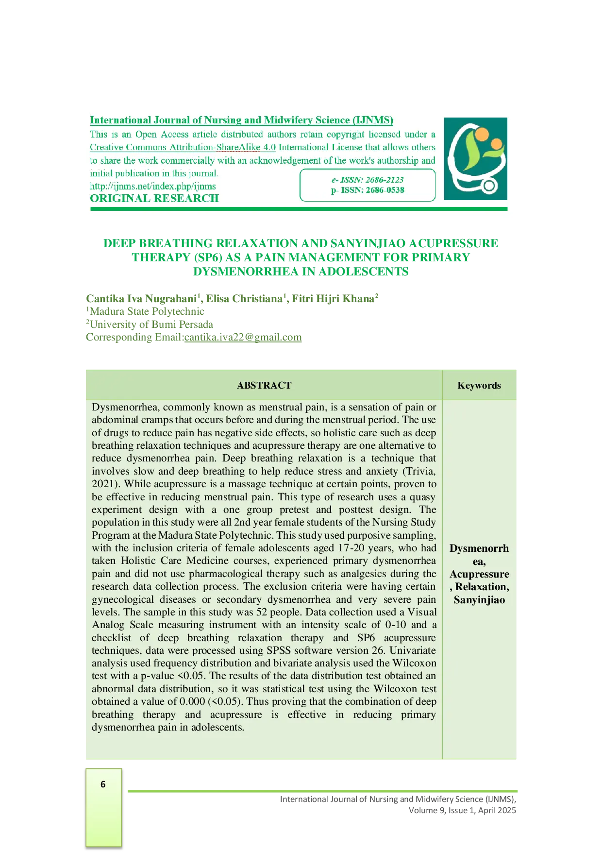 JURIS Deep Breathing Relaxation and Sanyinjiao Acupressure Therapy Sp6 as a Pain Management for Primary Dysmenorrhea in Adolescents
