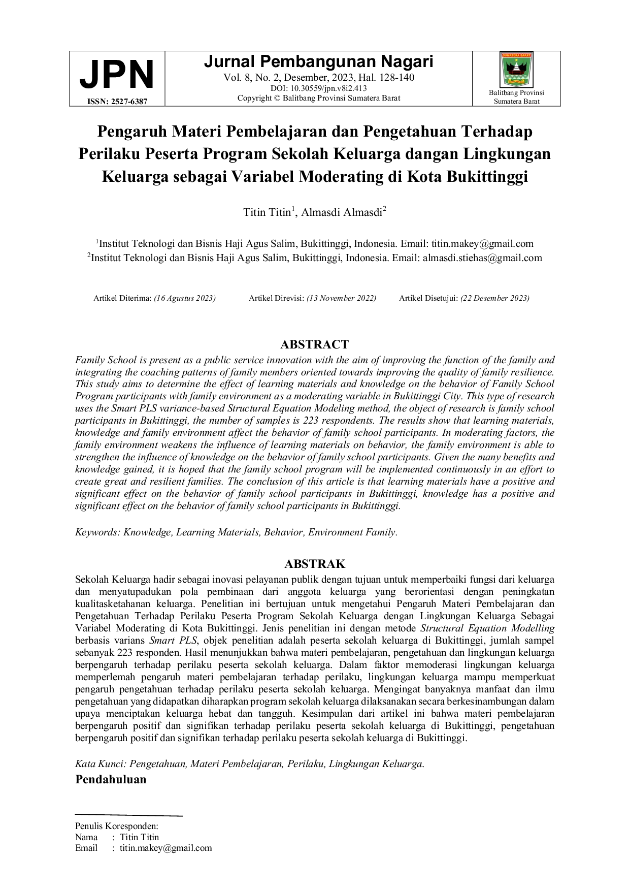 JURIS Pengaruh Materi Pembelajaran dan Pengetahuan Terhadap Perilaku Peserta Program Sekolah Keluarga dangan Lingkungan Keluarga sebagai Variabel Moderating di Kota Bukittinggi