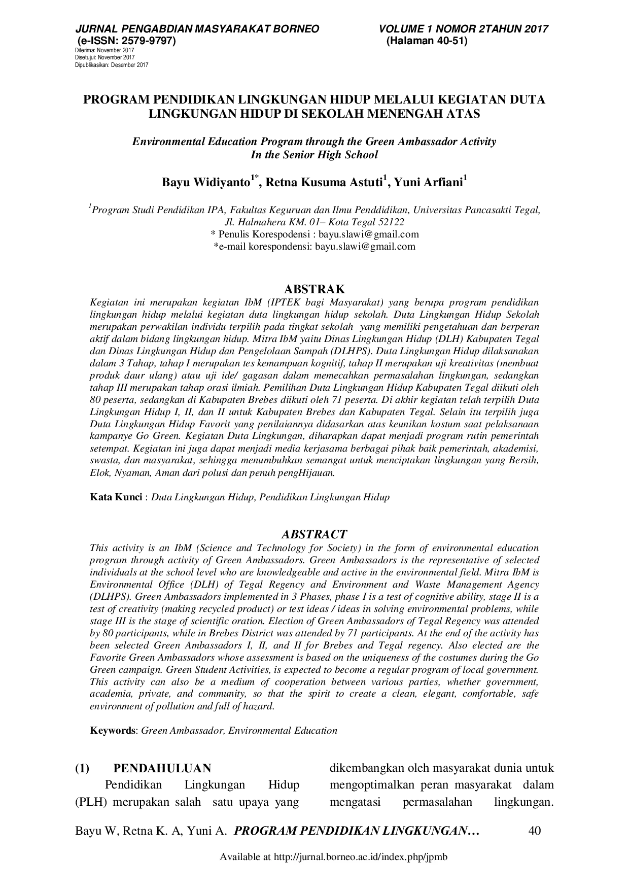 JURIS Program Pendidikan Lingkungan Hidup Melalui Kegiatan Duta Lingkungan Hidup di Sekolah Menengah Atas