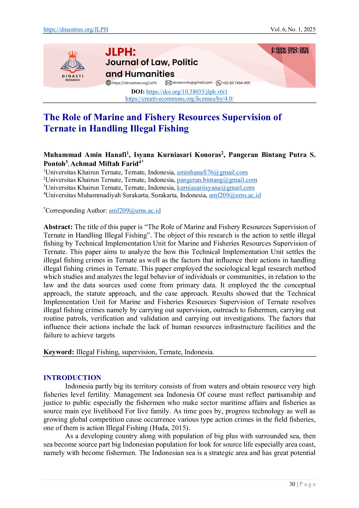 JURIS The Role of Marine and Fishery Resources Supervision of Ternate in Handling Illegal Fishing