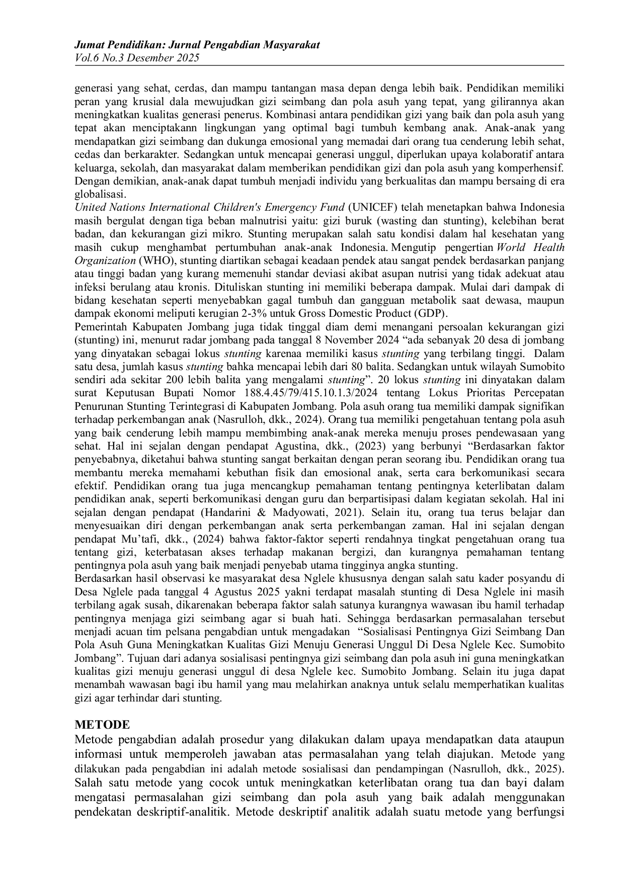 JURIS Sosialisasi Pentingnya Gizi Seimbang Dan Pola Asuh Guna Meningkatkan Kualitas Gizi Menuju Generasi Unggul