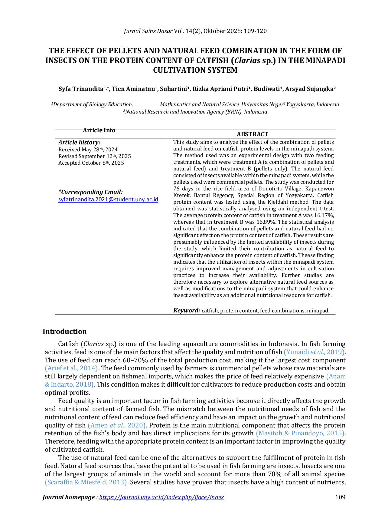 JURIS The Effect of Pellets and Natural Feed Combination in the Form of Insects on the Protein Content of Catfish Clarias sp in the Minapadi Cultivation System