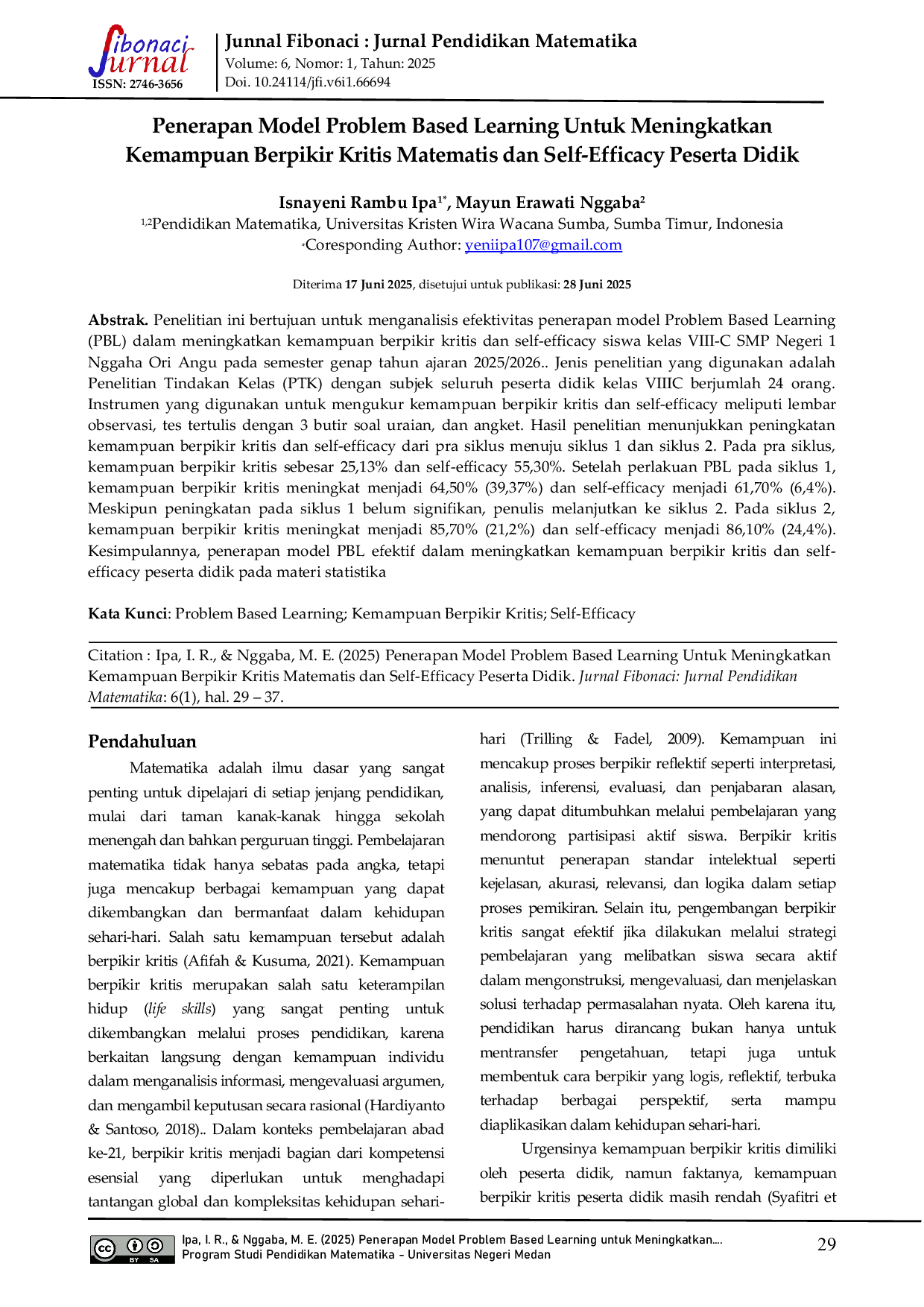 JURIS Penerapan Model Problem Based Learning Untuk Meningkatkan Kemampuan Berpikir Kritis Matematis dan Self Efficacy Peserta Didik