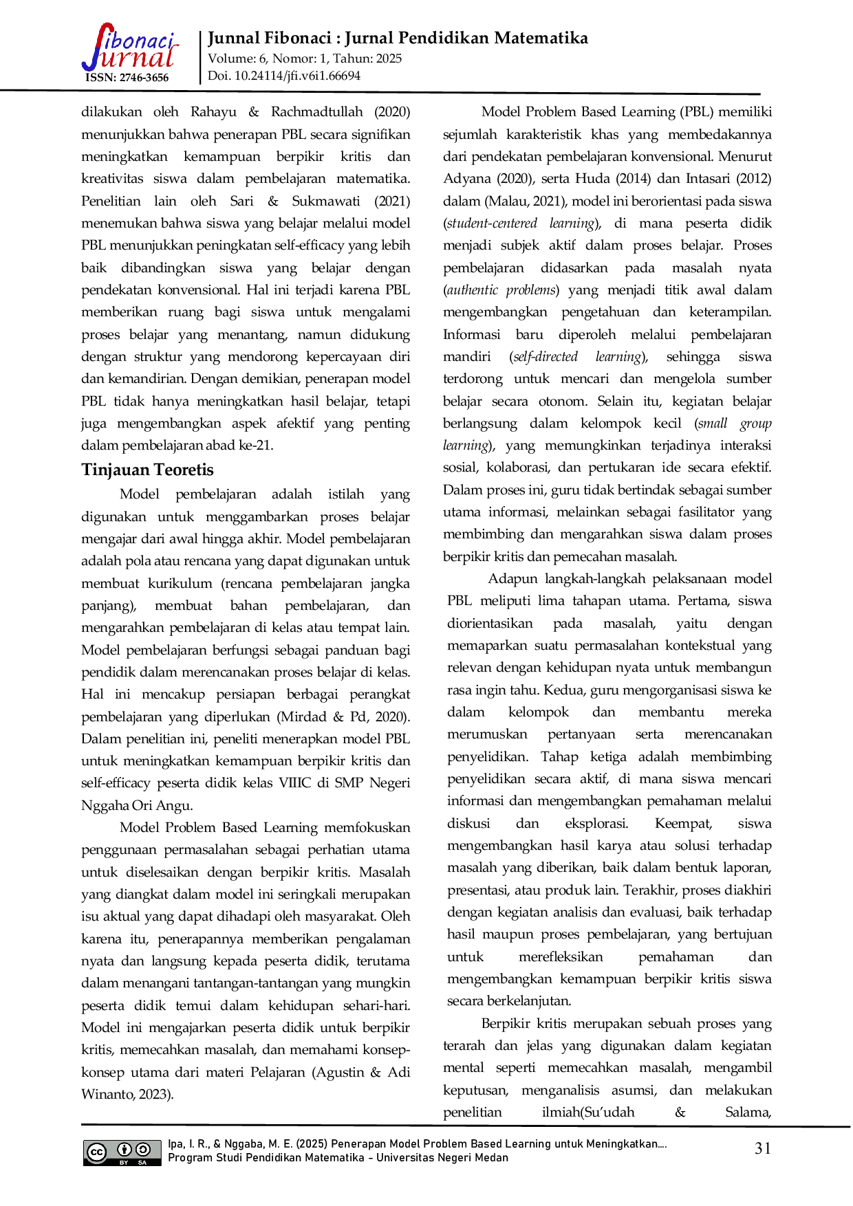 JURIS Penerapan Model Problem Based Learning Untuk Meningkatkan Kemampuan Berpikir Kritis Matematis dan Self Efficacy Peserta Didik