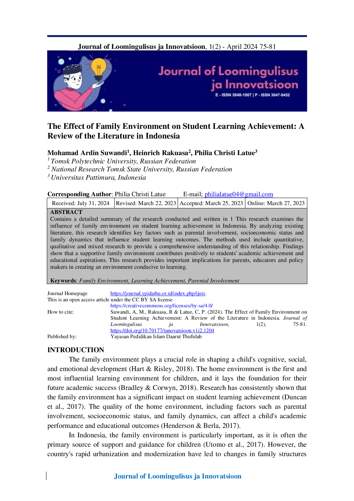 JURIS The Effect of Family Environment on Student Learning Achievement A Review of the Literature in Indonesia
