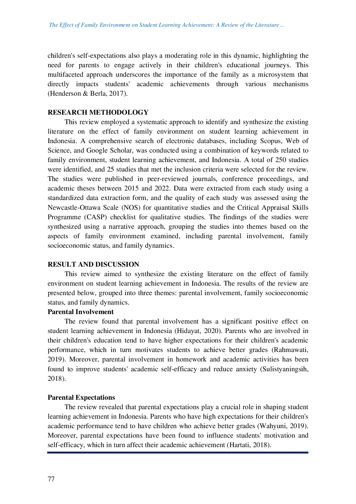 JURIS The Effect of Family Environment on Student Learning Achievement A Review of the Literature in Indonesia