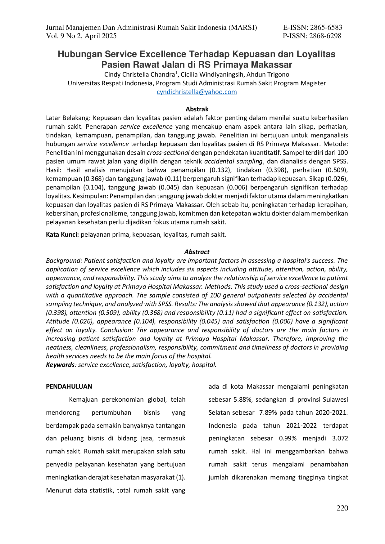 JURIS Hubungan Service Excellence Terhadap Kepuasan dan Loyalitas Pasien Rawat Jalan di RS Primaya Makassar
