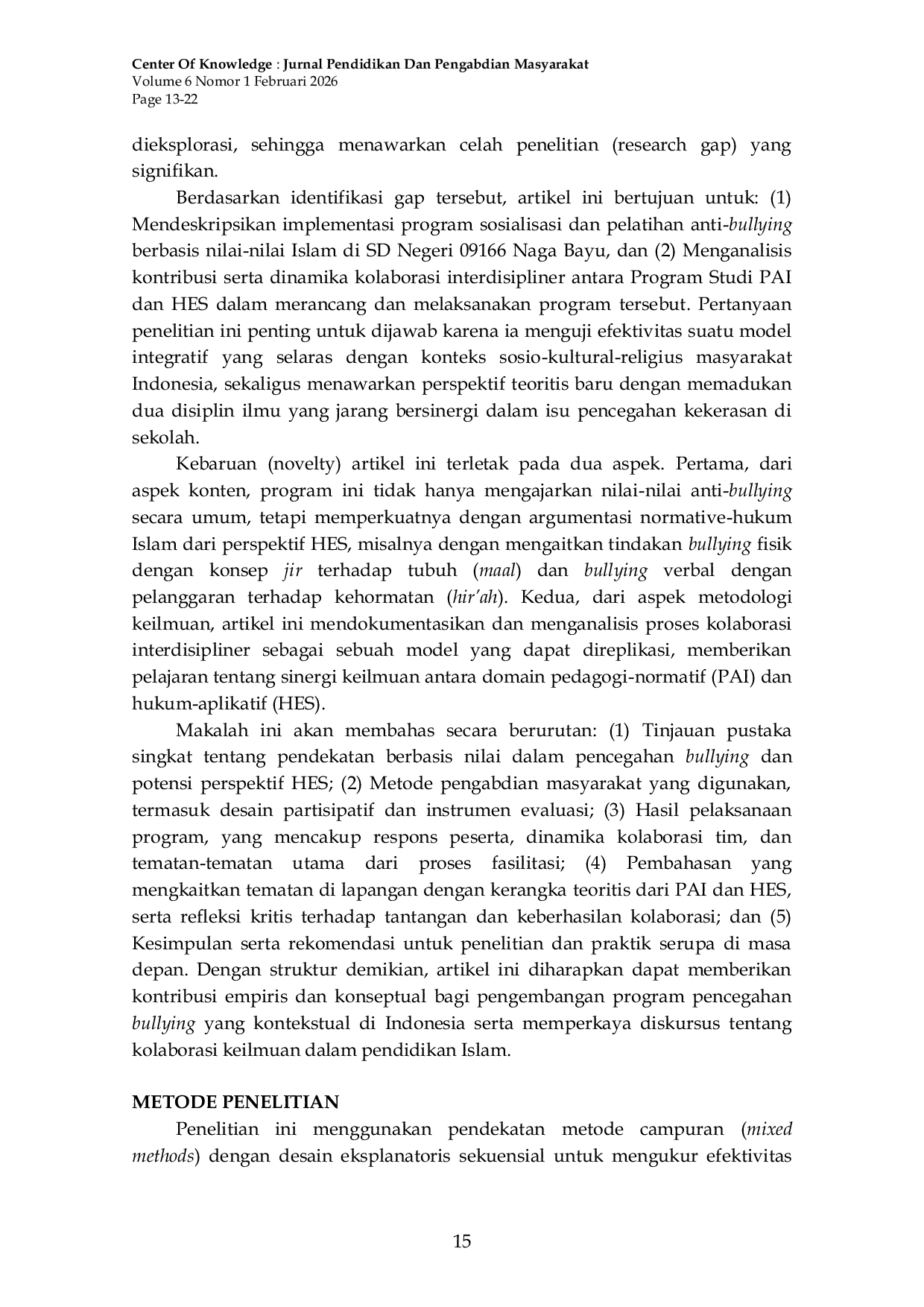 JURIS Pendekatan Nilai Nilai Islam Dalam Sosialisasi Dan Pelatihan Anti Bullying di Sekolah Dasar Kolaborasi Interdisipliner Pendidikan Agama Islam dan Hukum Ekonomi Syariah