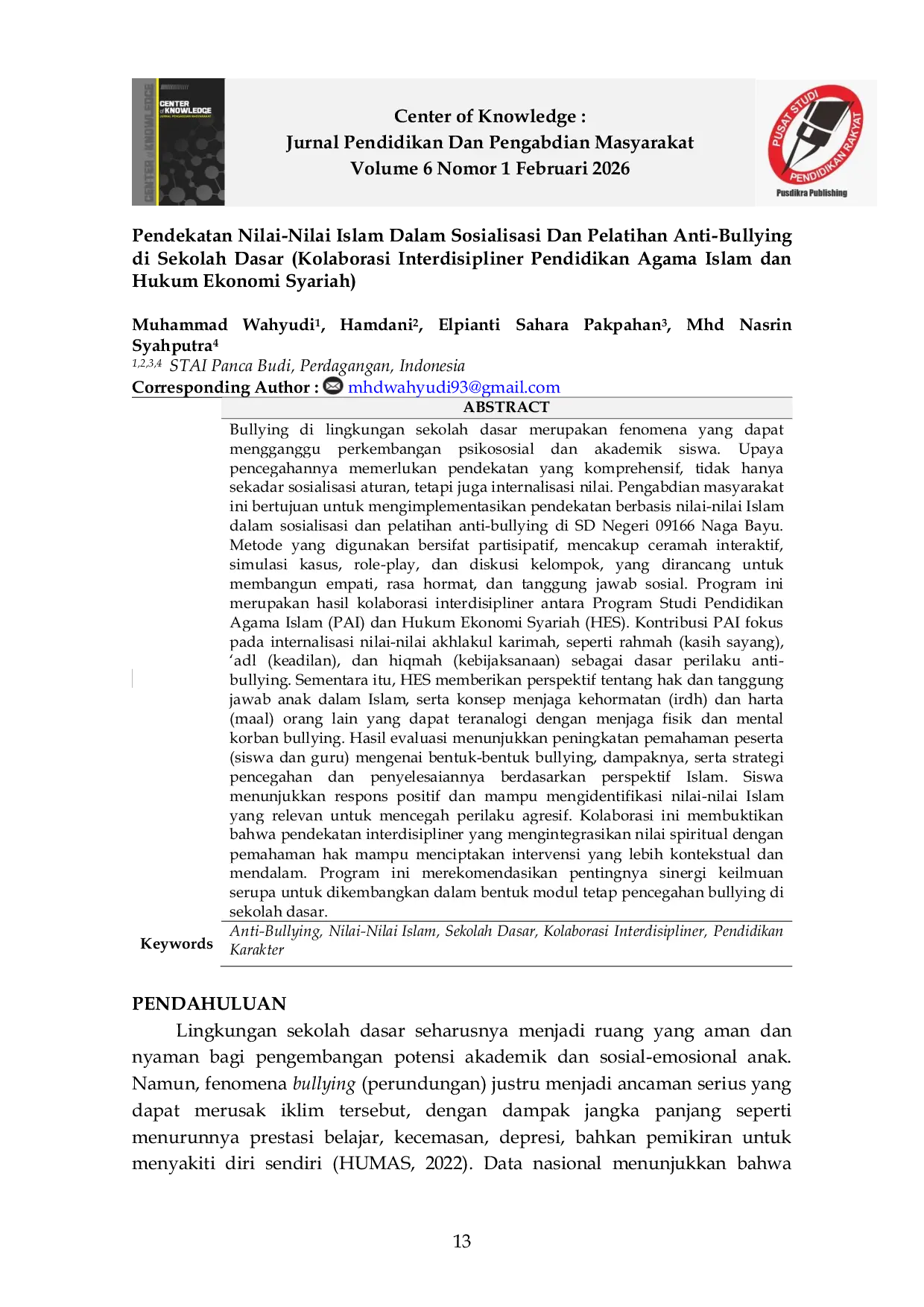 JURIS Pendekatan Nilai Nilai Islam Dalam Sosialisasi Dan Pelatihan Anti Bullying di Sekolah Dasar Kolaborasi Interdisipliner Pendidikan Agama Islam dan Hukum Ekonomi Syariah