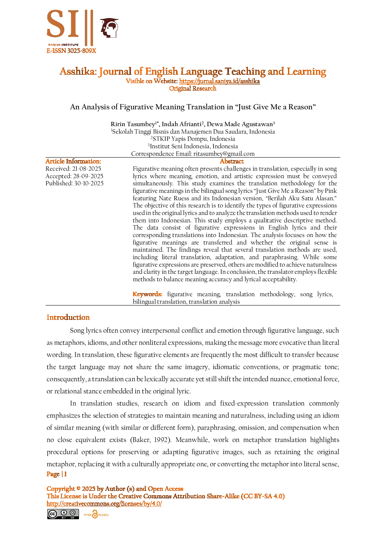 JURIS An Analysis of Figurative Meaning Translation in Just Give Me a Reason