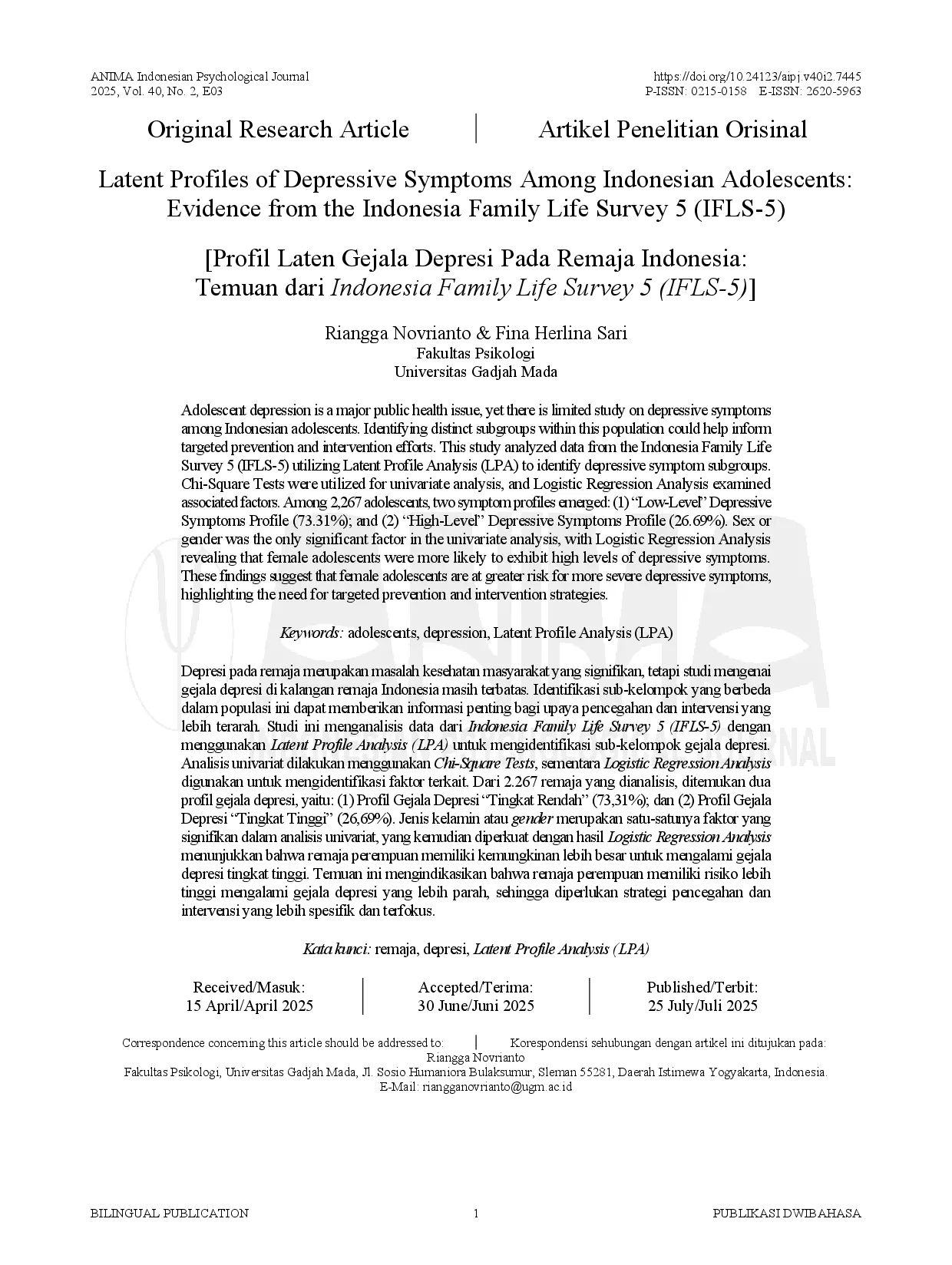 JURIS Latent Profiles of Depressive Symptoms Among Indonesian Adolescents Evidence from the Indonesia Family Life Survey 5 IFLS 5