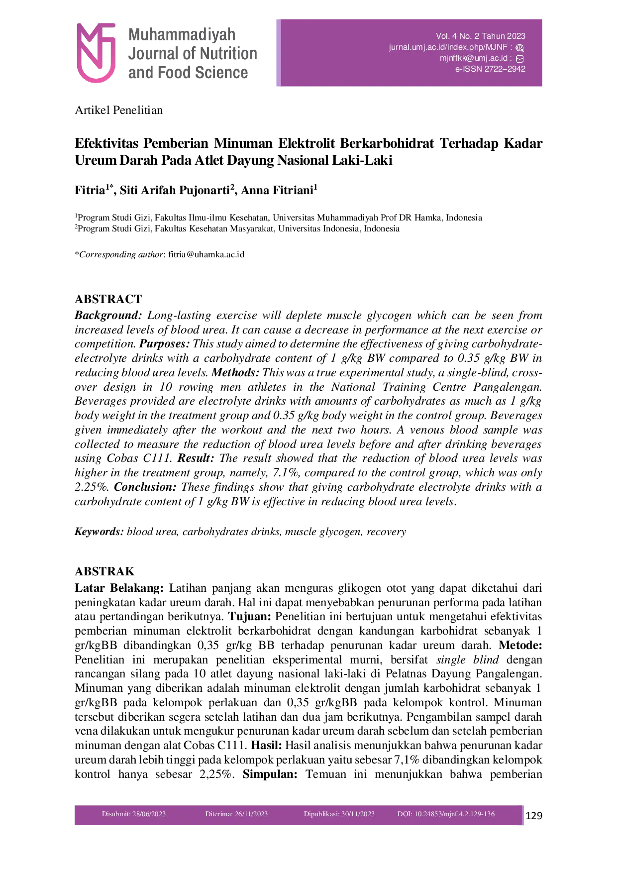 JURIS Efektivitas Pemberian Minuman Elektrolit Berkarbohidrat Terhadap Kadar Ureum Darah Pada Atlet Dayung Nasional Laki Laki