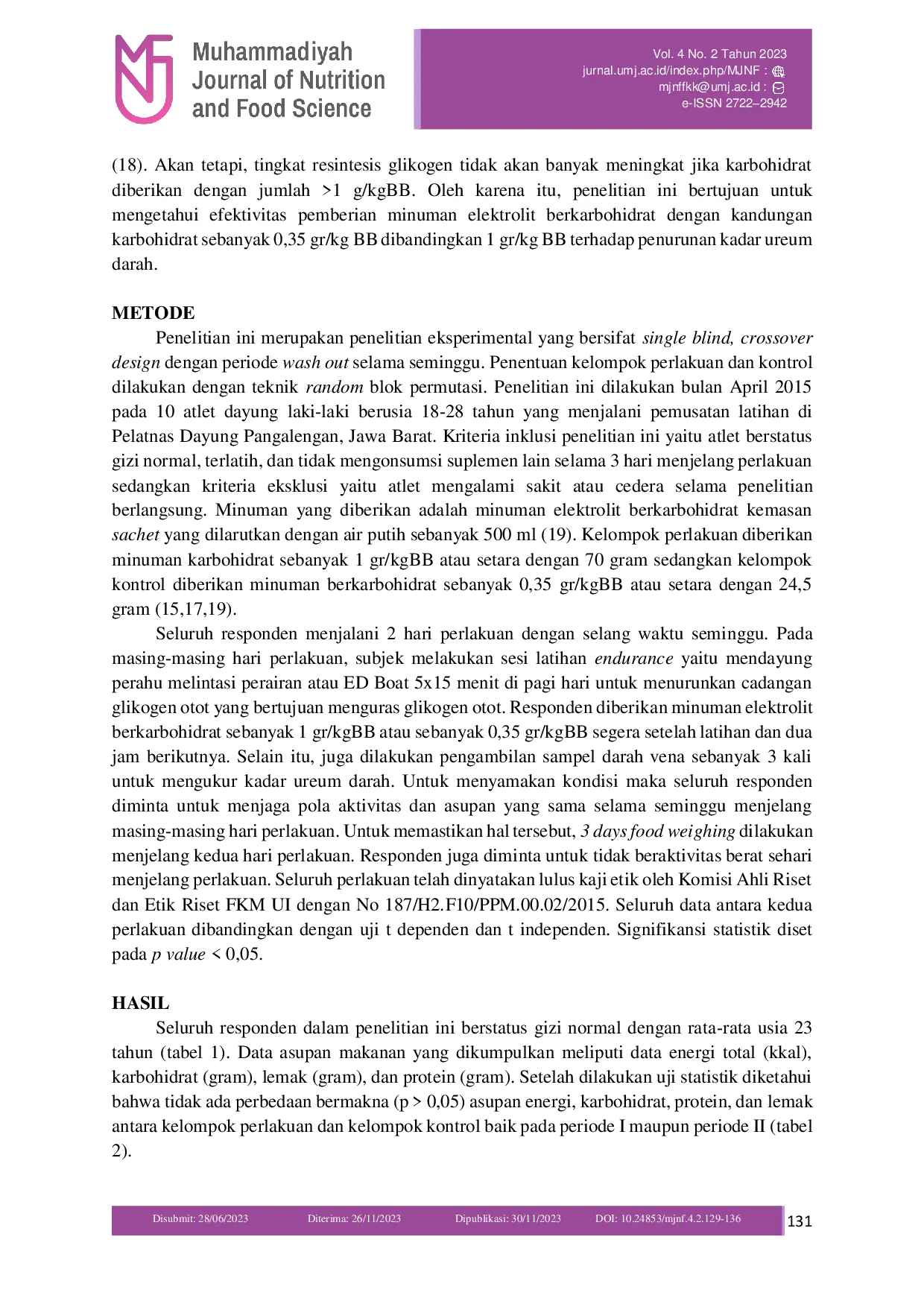 JURIS Efektivitas Pemberian Minuman Elektrolit Berkarbohidrat Terhadap Kadar Ureum Darah Pada Atlet Dayung Nasional Laki Laki