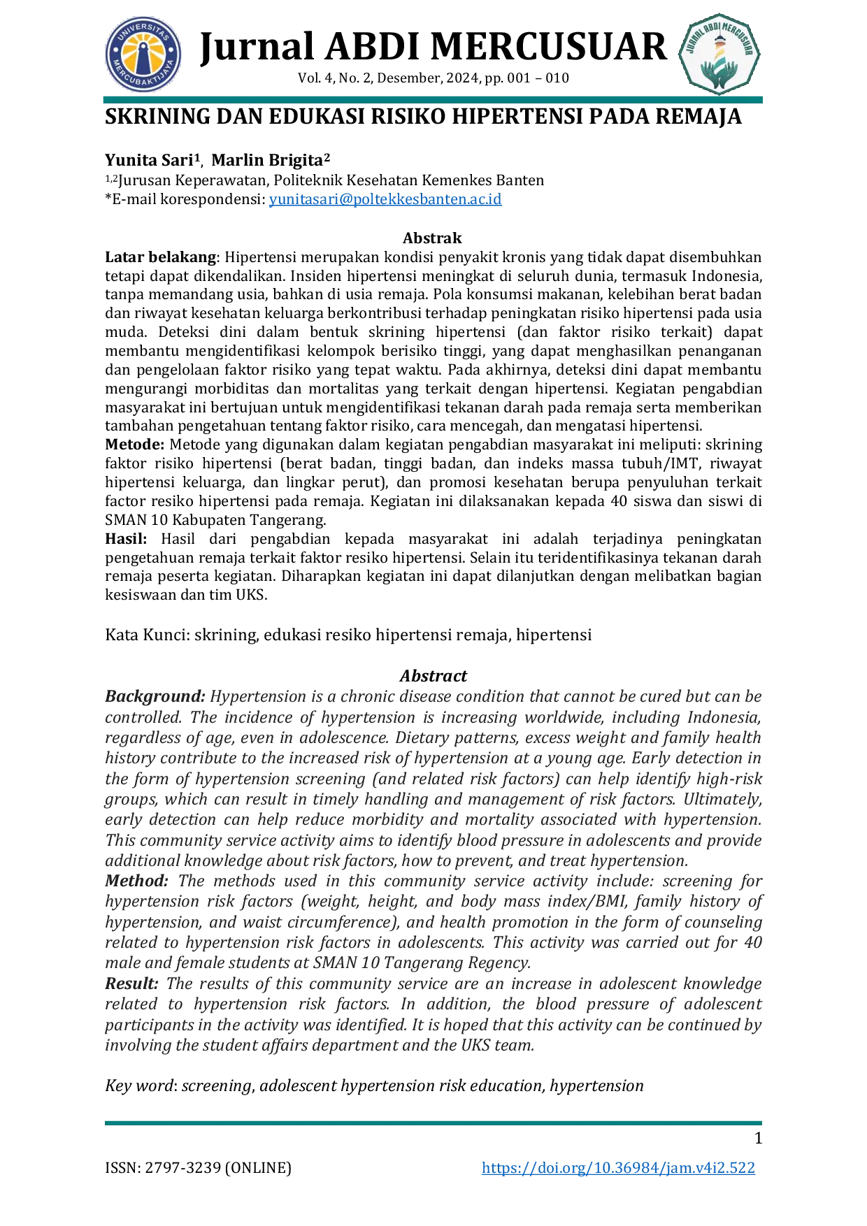 JURIS Skrining Dan Edukasi Risiko Hipertensi Pada Remaja