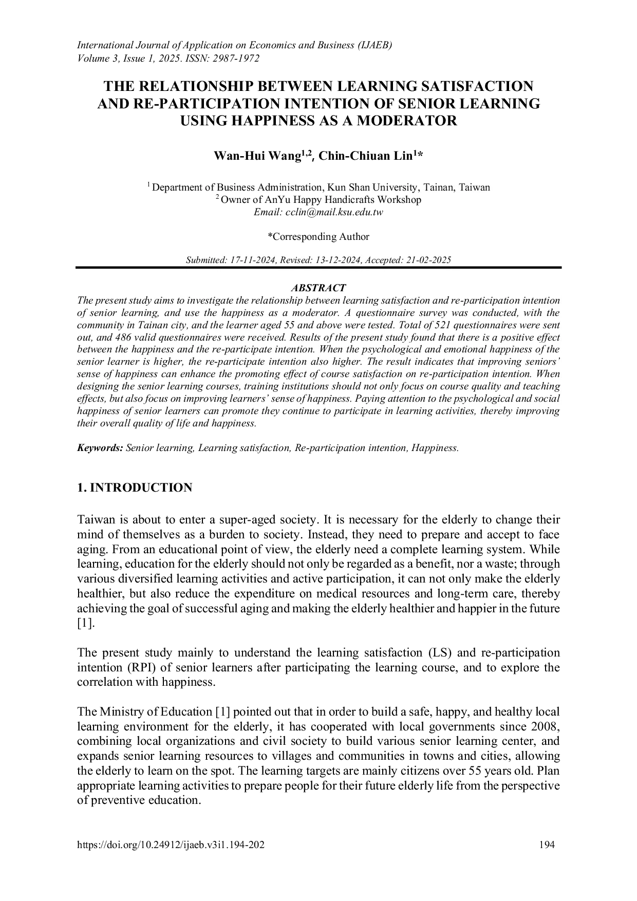 JURIS The Relationship Between Learning Satisfaction and Re Participation Intention of Senior Learning Using Happiness as a Moderator