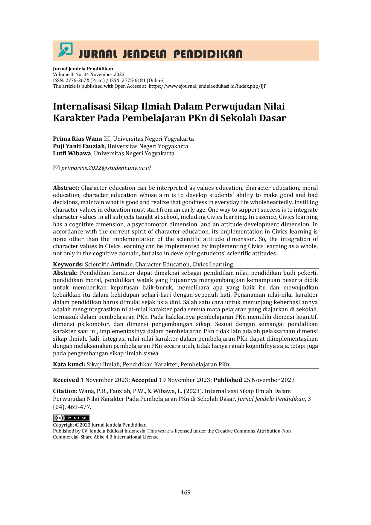 JURIS Internalisasi Sikap Ilmiah Dalam Perwujudan Nilai Karakter Pada Pembelajaran PKn di Sekolah Dasar