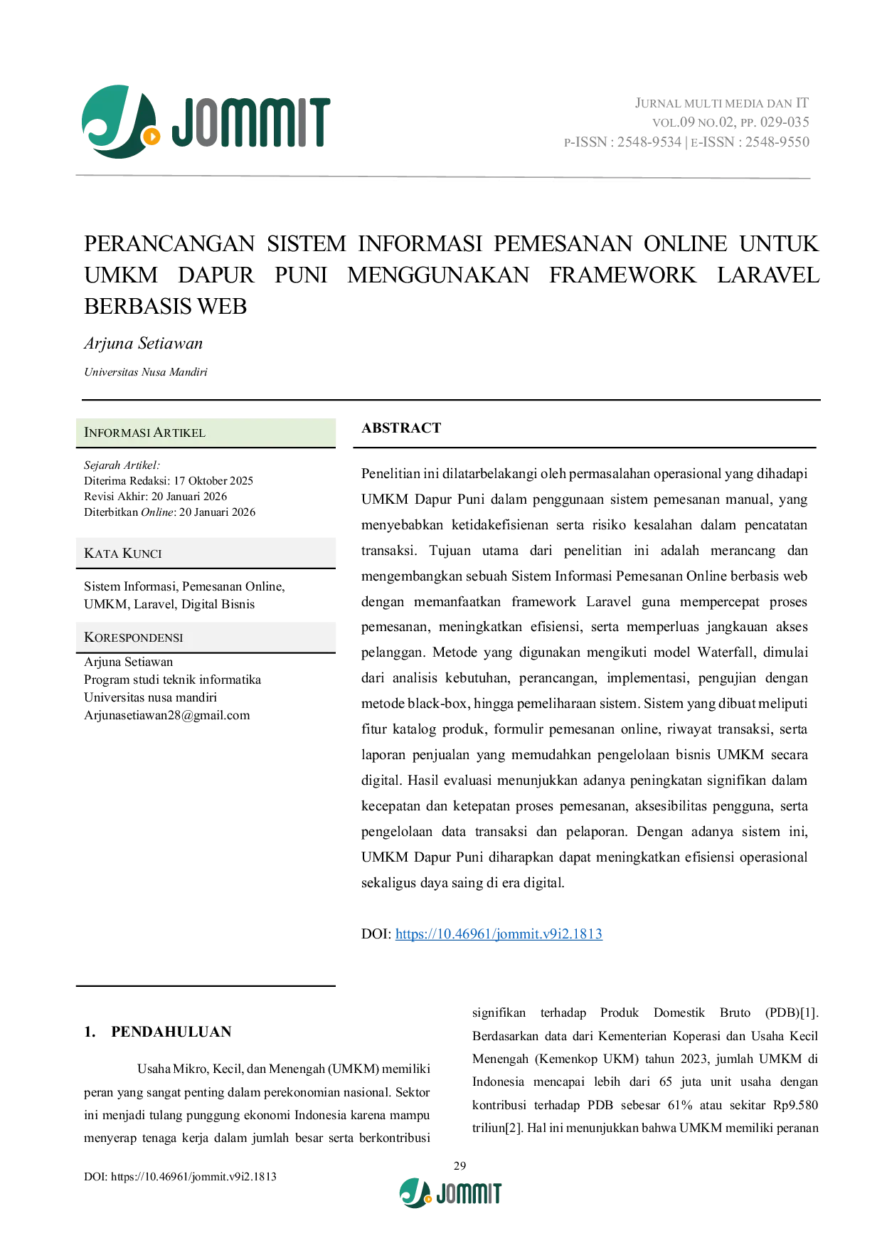 JURIS Perancangan Sistem Informasi Pemesanan Online untuk UMKM Dapur Puni Menggunakan Framework Laravel Berbasis Web
