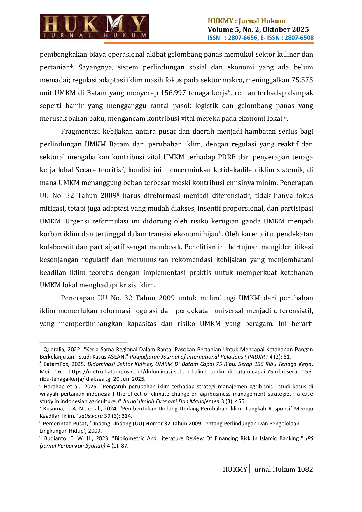 JURIS ENVIRONMENTAL REGULATION IN MITIGATING THE IMPACT OF CLIMATE CHANGE ON MSMEs IN BATAM CITY POLICY ANALYSIS AND RECOMMENDATIONS