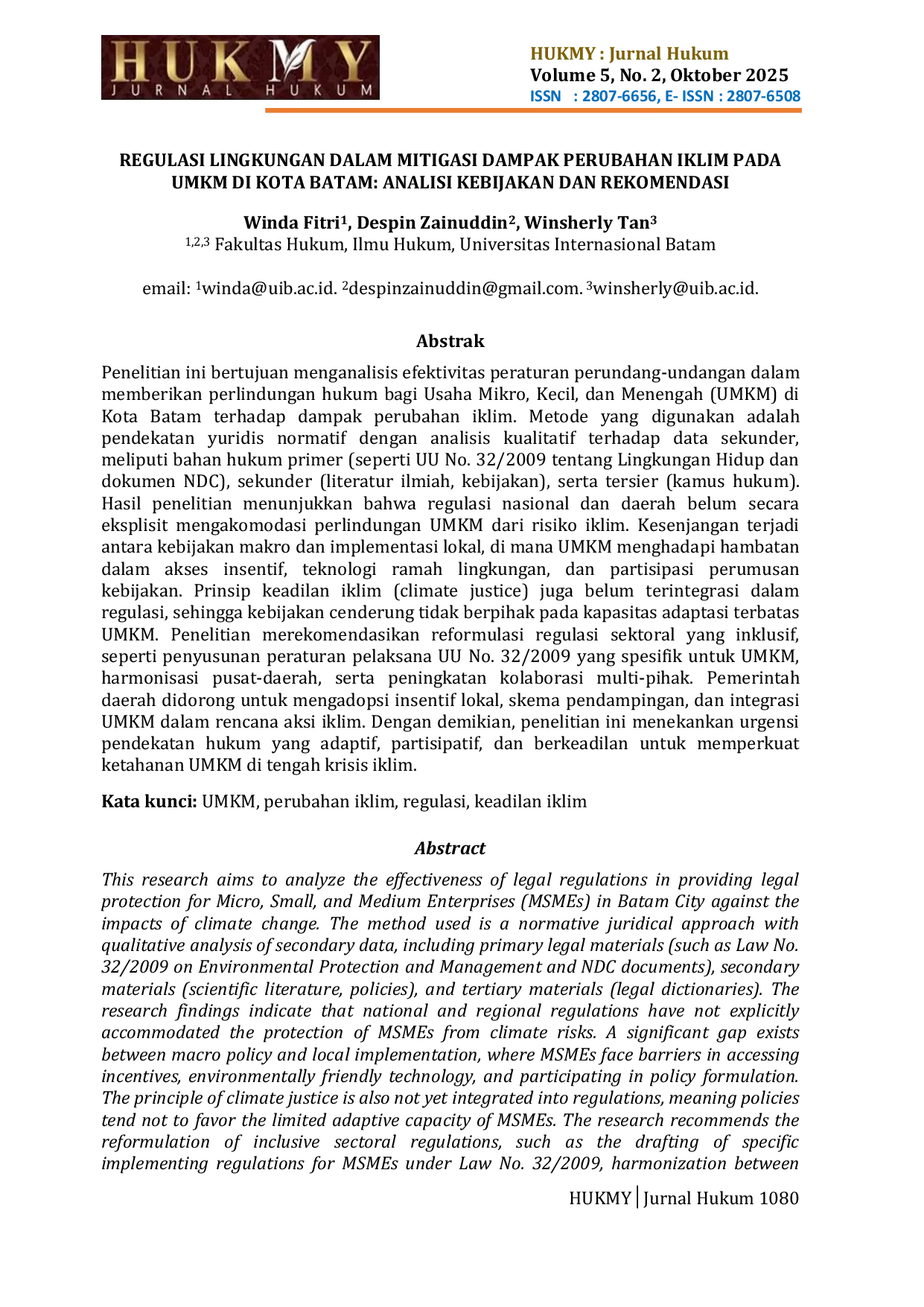 JURIS ENVIRONMENTAL REGULATION IN MITIGATING THE IMPACT OF CLIMATE CHANGE ON MSMEs IN BATAM CITY POLICY ANALYSIS AND RECOMMENDATIONS