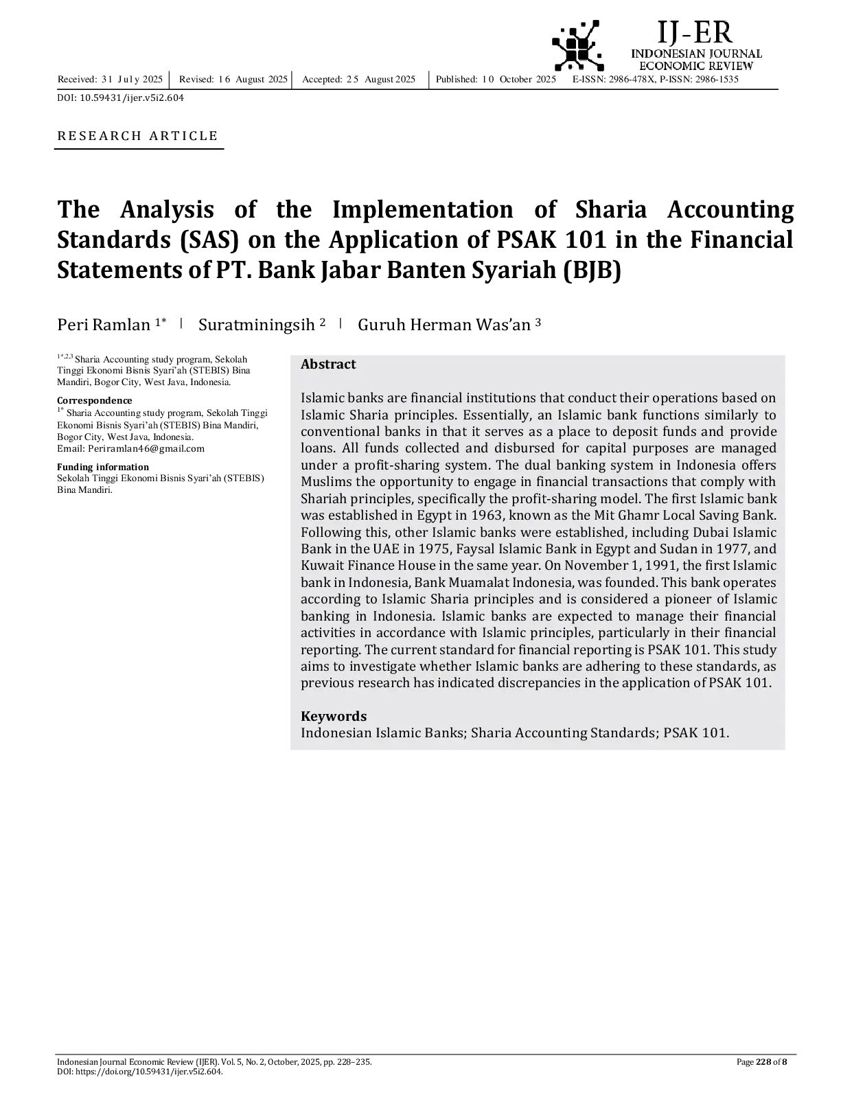 JURIS The Analysis of the Implementation of Sharia Accounting Standards SAS on the Application of PSAK 101 in the Financial Statements of PT Bank Jabar Banten Syariah BJB