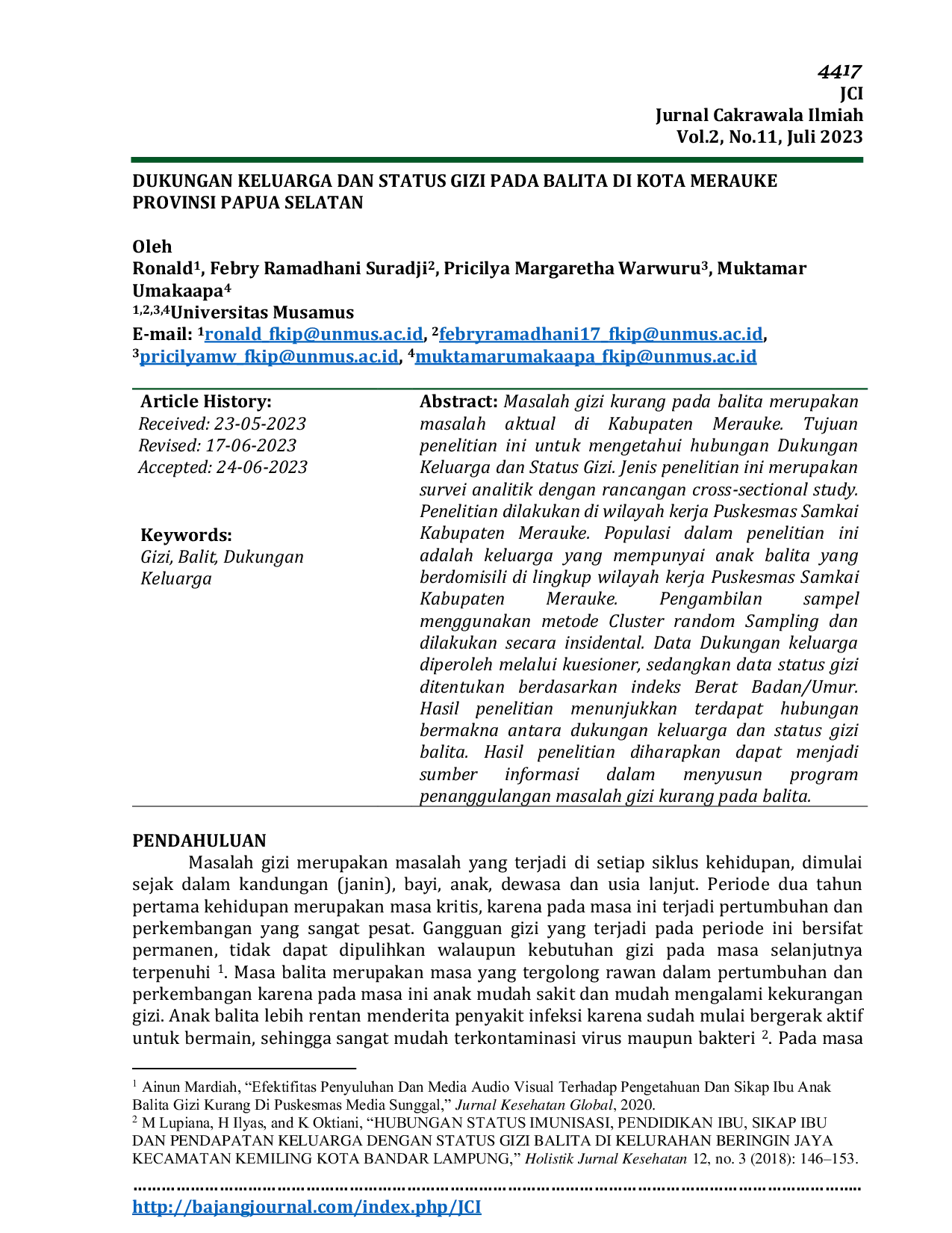 JURIS DUKUNGAN KELUARGA DAN STATUS GIZI PADA BALITA DI KOTA MERAUKE PROVINSI PAPUA SELATAN