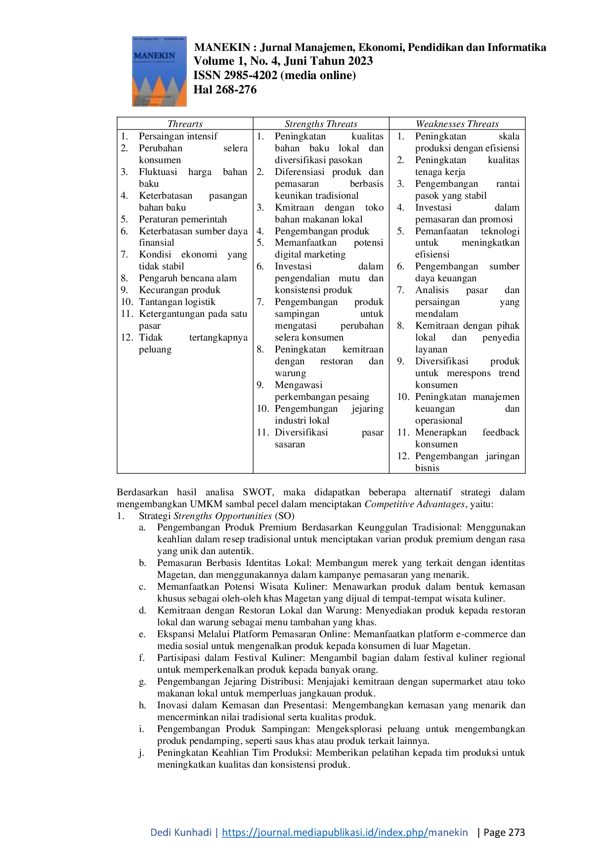 JURIS Strategi Pengembangan Bisnis UMKM Sambal Pecel Khas Magetan Dalam Rangka Menciptakan Competitive Advantages