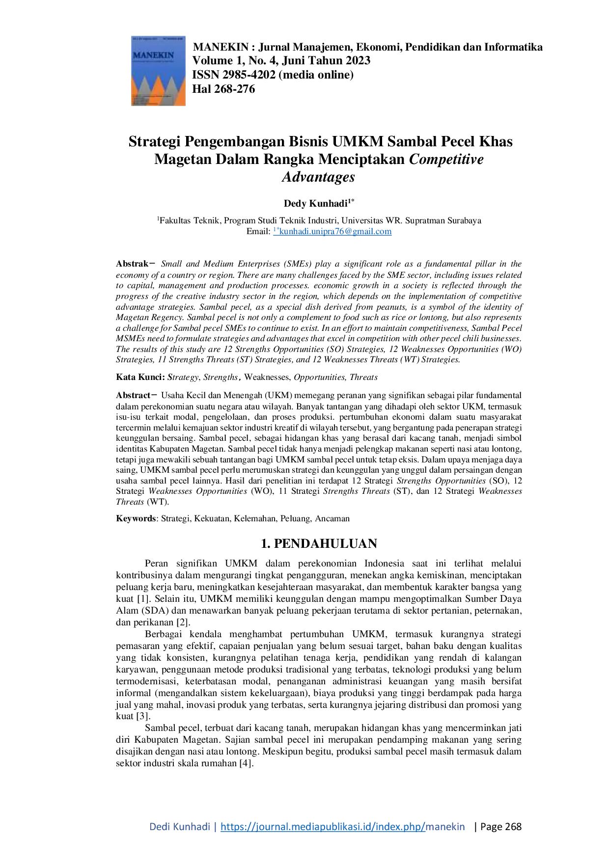 JURIS Strategi Pengembangan Bisnis UMKM Sambal Pecel Khas Magetan Dalam Rangka Menciptakan Competitive Advantages