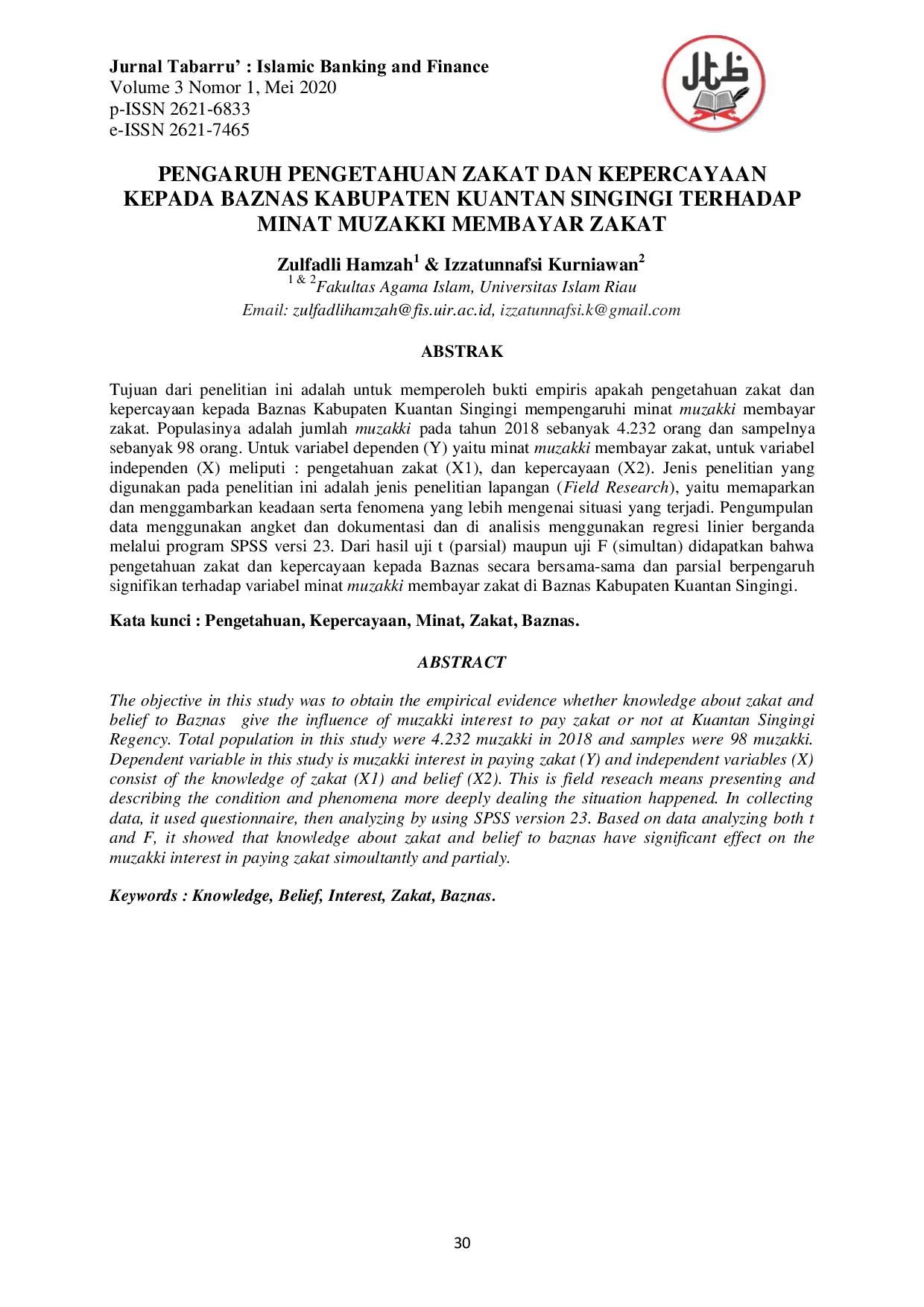 JURIS Pengaruh Pengetahuan Zakat dan Kepercayaan Kepada Baznas Kabupaten Kuantan Singingi Terhadap Minat Muzakki Membayar Zakat