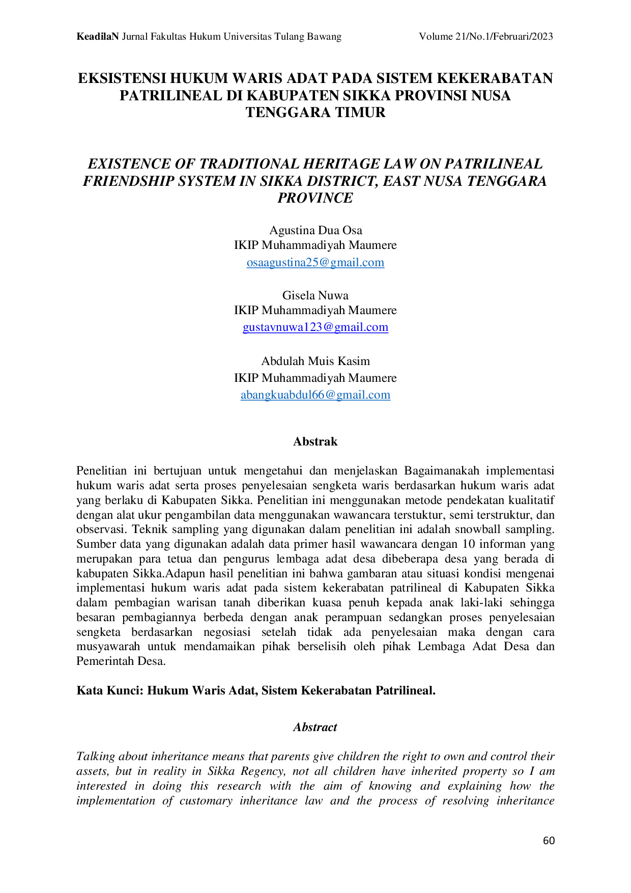 JURIS Eksistensi Hukum Waris Adat Pada Sistem Kekerabatan Patrilineal Di Kabupaten Sikka Provinsi Nusa Tenggara Timur